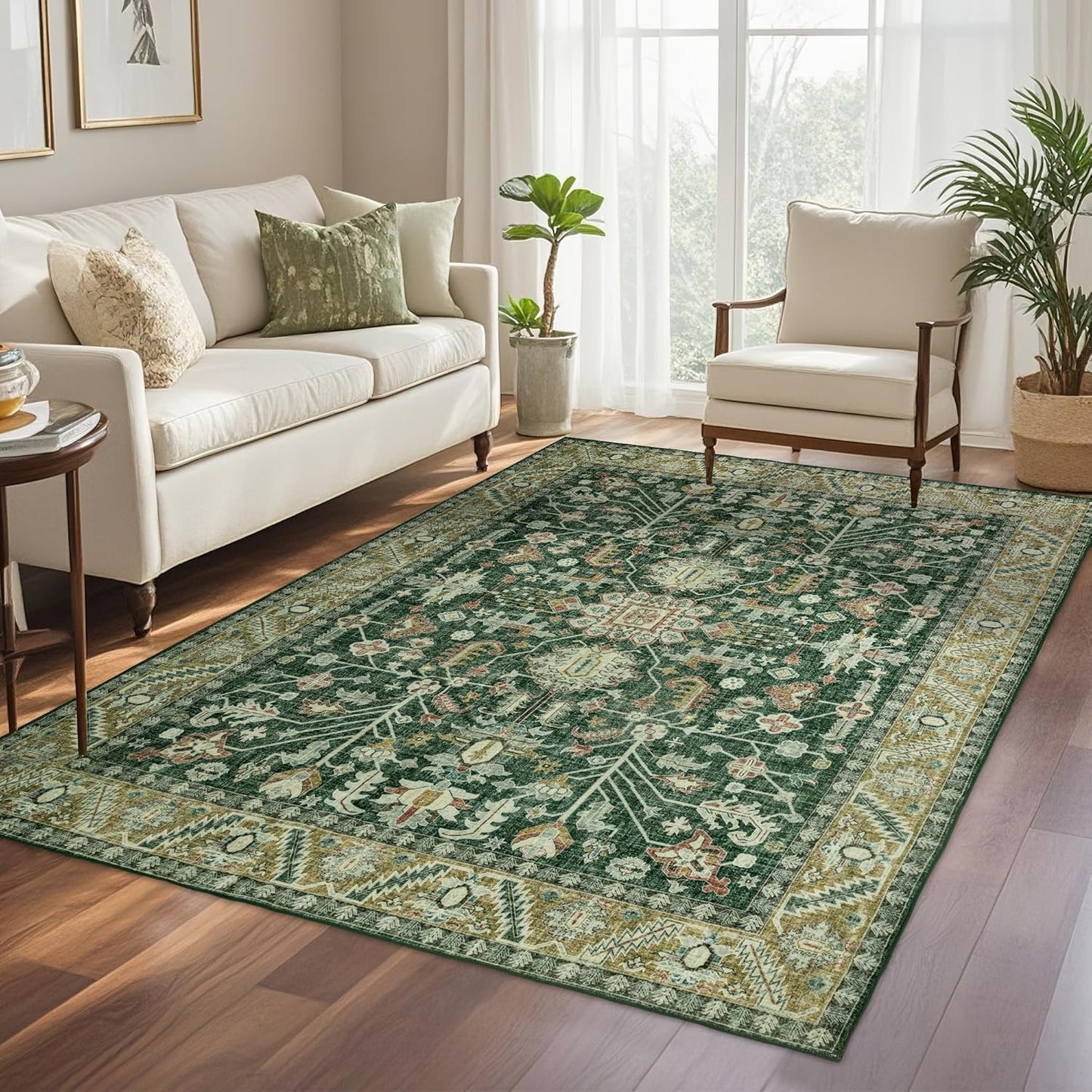6x9 Area Rugs Washable: Oriental Soft Area Rug for Living Room Bedroom No Shedding - Low Pile Thin Carpet Rug for Dining Room Non Slip - Boho Vintage Rug for Home Decor - Retro Forest Green