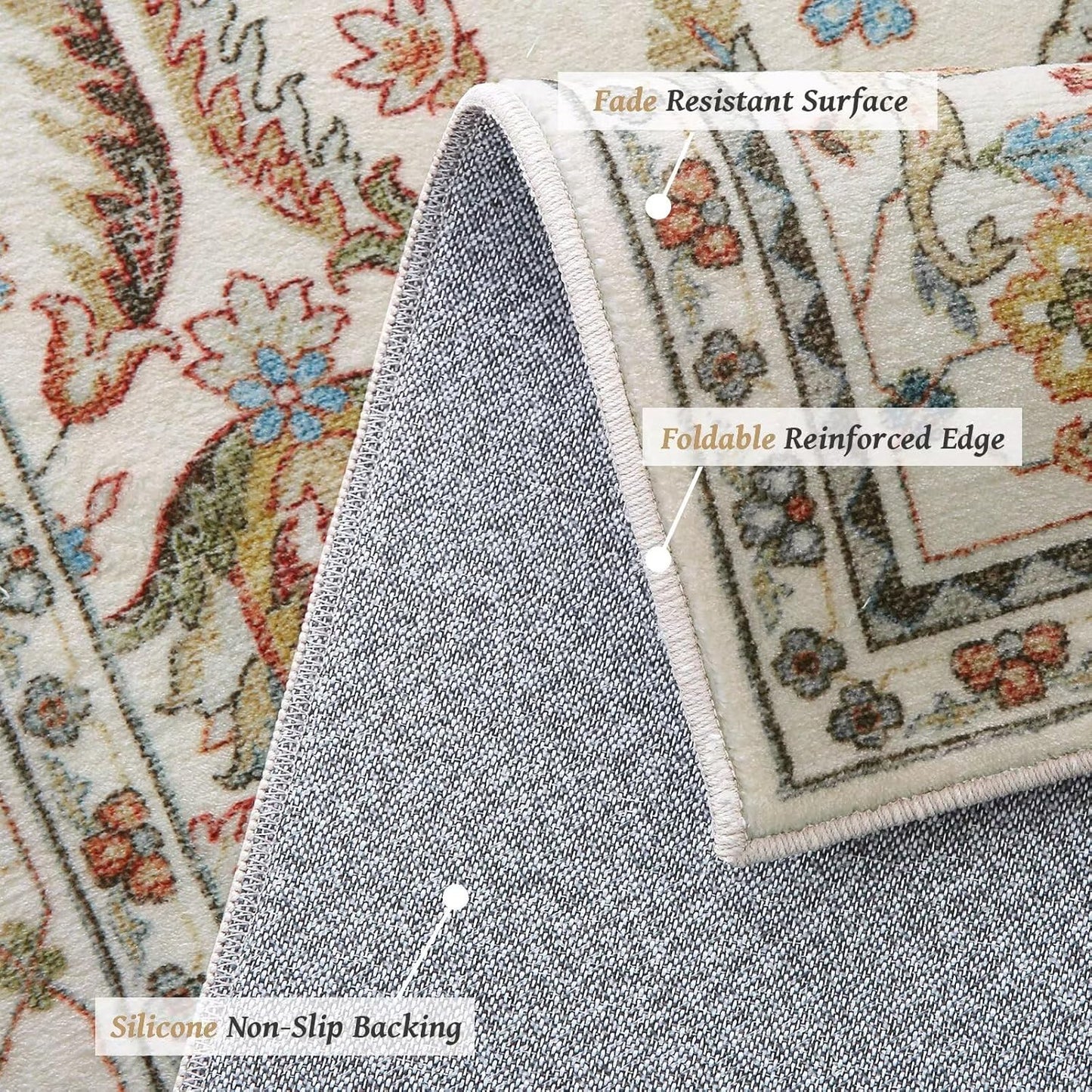 Washable 8x10 Area Rugs for Living Room, Boho Non-Slip Silicone Backing Rugs for Bedroom Dining Room Nursery Office, 0.3" Neutral Oriental Throw Carpet with 0.16" Cushioning Pad, Light Beige/Multi