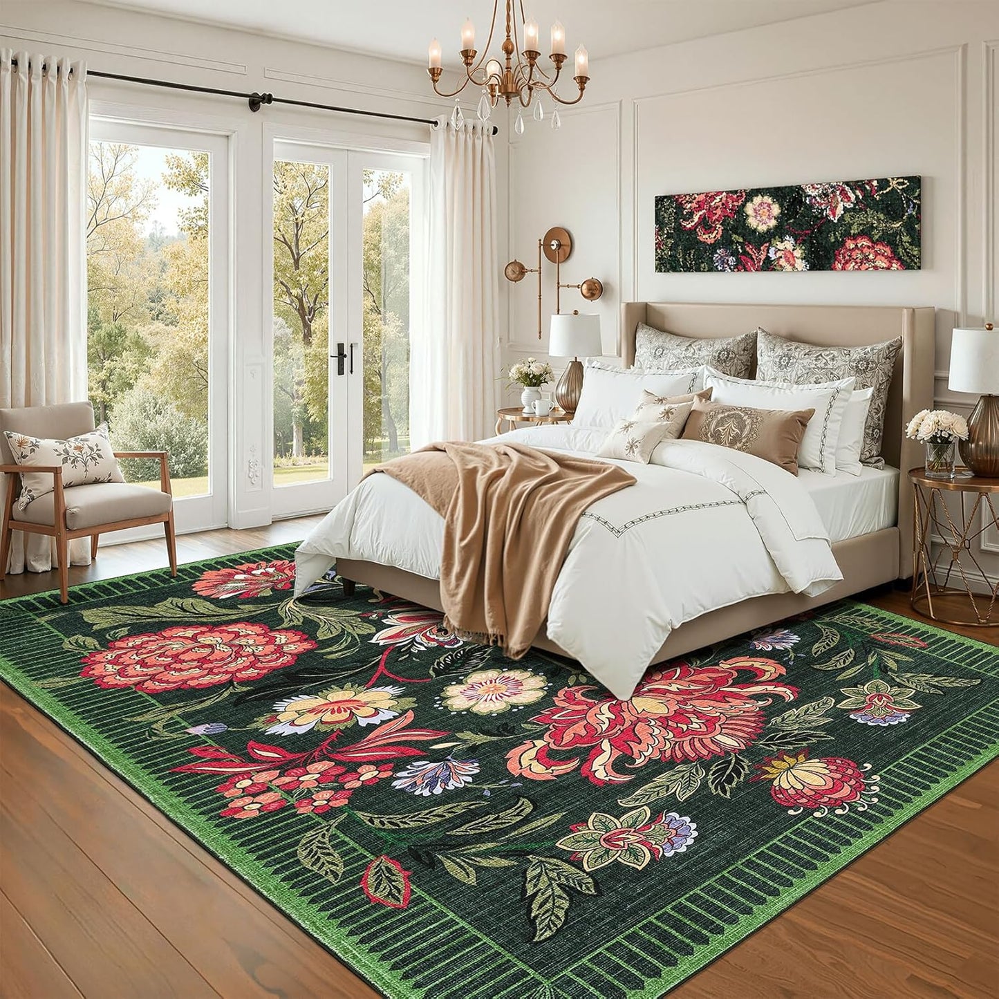 GarveeHome Forest Green Floral Botanical Washable 9x12 Rug for Living Room Soft Vintage Boho Cottage Large Rugs Low-Pile Carpet for Bedroom Dining Nursery Rug