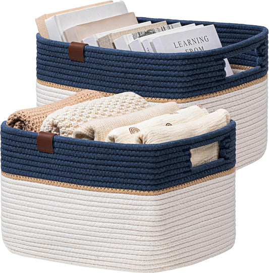 UBBCARE 2 Pack Baskets for Organizing, Woven Storage Baskets with Label for Toys and Towel, Rectangle Cotton Rope Basket with Handles, 15''L x10''W x9''H, Navy Blue&White
