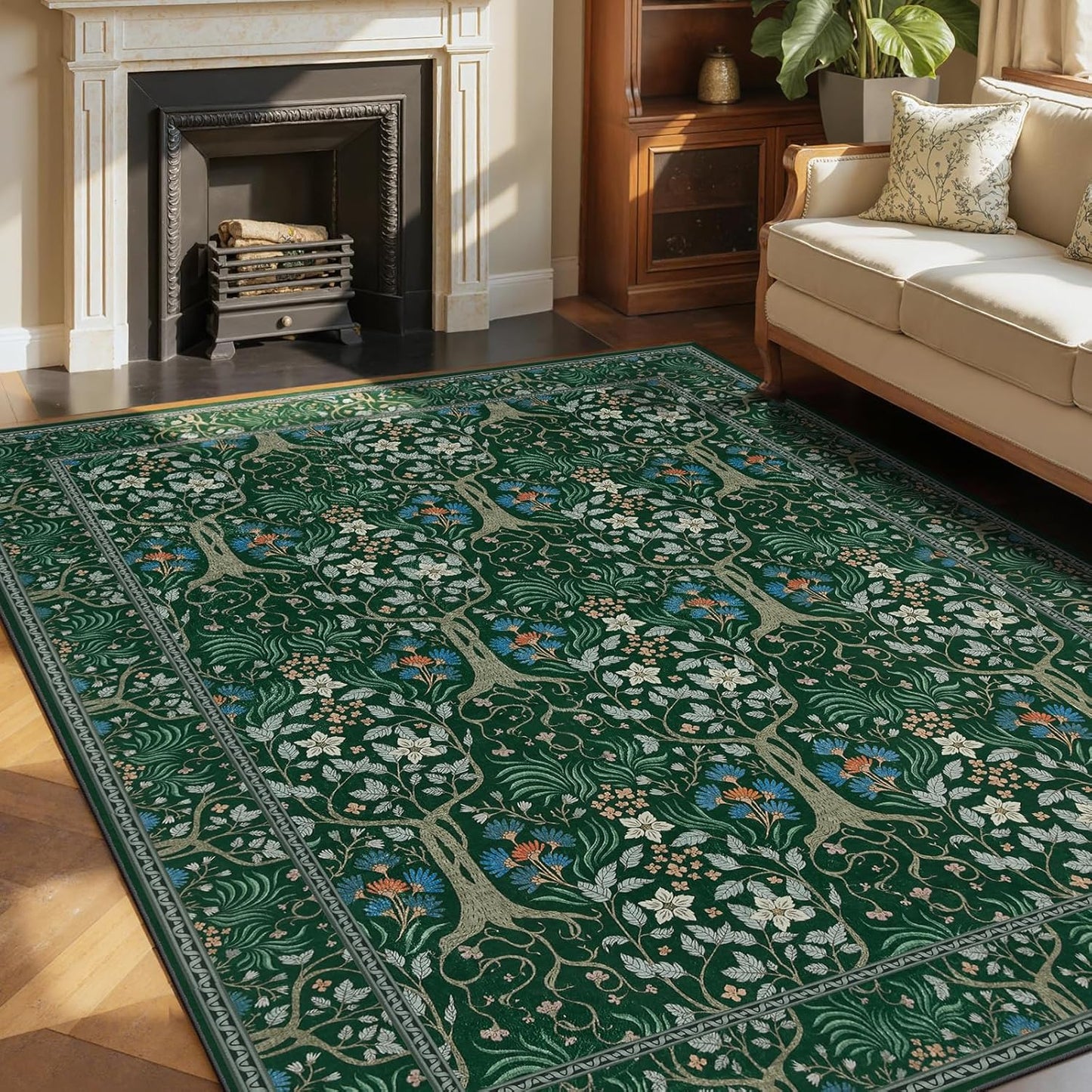 Joydeco Boho Floral 8x10 Area Rugs for Living Room, Washable Dark Green Rug Non Slip, Soft Large Low-Pile Botanical Forest Indoor Floor Throw Carpet for Bedroom Nursery Dining Office