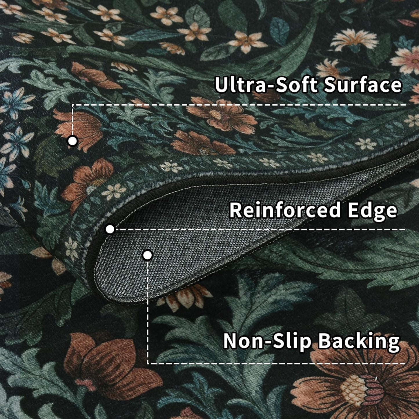 2x6 Washable Runner Rug,Black Floral Boho Area Rug for Hallway,Low-Pile Non-Slip Stain Resistant Carpet for Kitchen, Bedside,Laundry Room,Entryway
