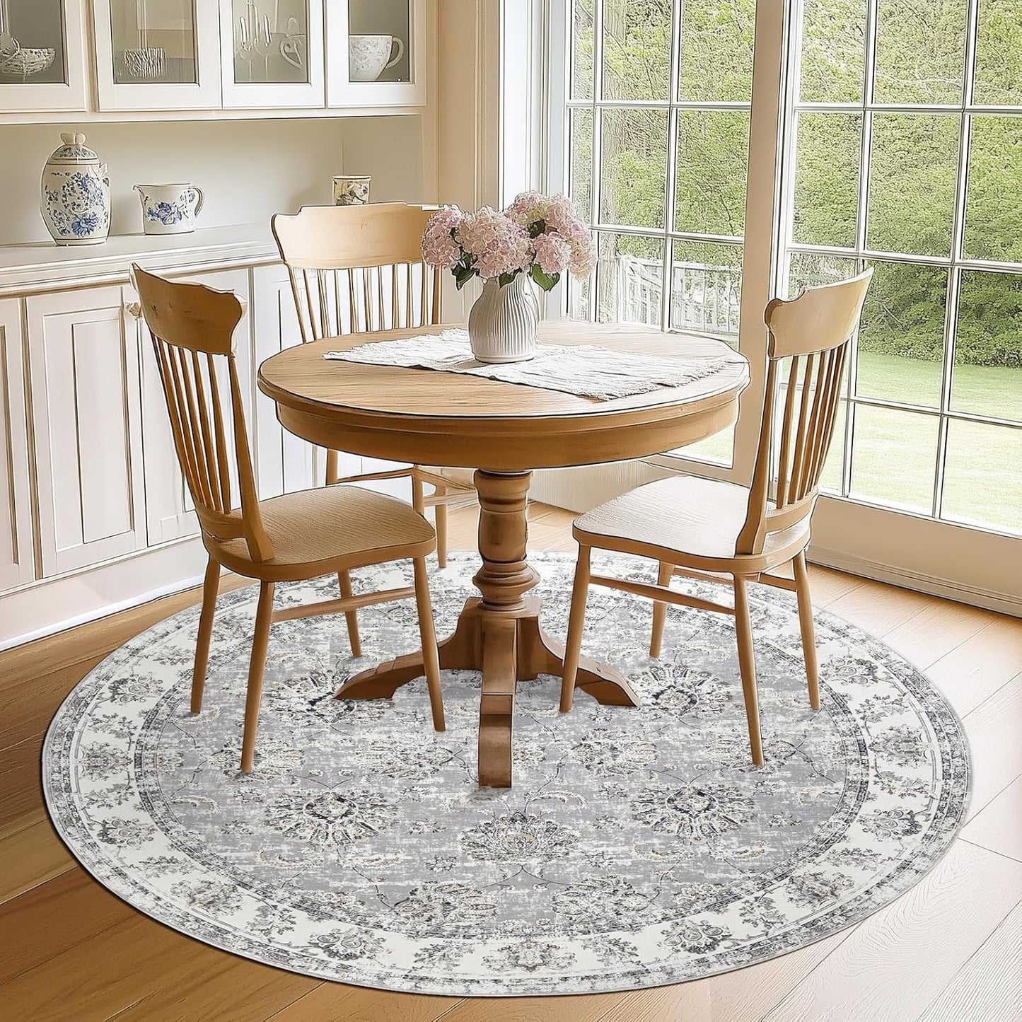 jinchan Round Rug 6ft Area Rugs Vintage Floral Distressed Design - Machine Washable Non-Slip Low-Pile Ultra-Thin Circle Rug for Entryway Bedside Living Room Dining Room Bedroom (6' Round,Grey)