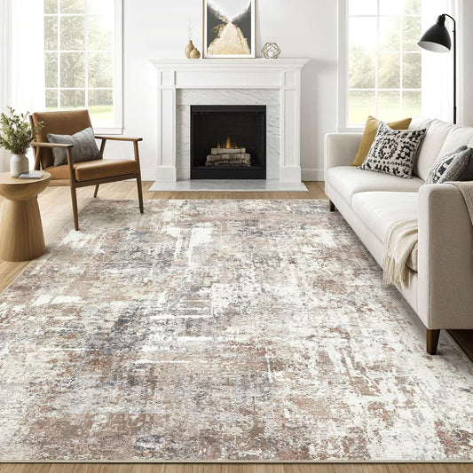 8x10 Area Rugs Living Room: Washable Large Abstract Modern Soft Rug Stain Resistant Indoor Floor Non Slip Accent Carpet for Bedroom Nursery Playroom Dining Room Office Dorm Home House- Brown