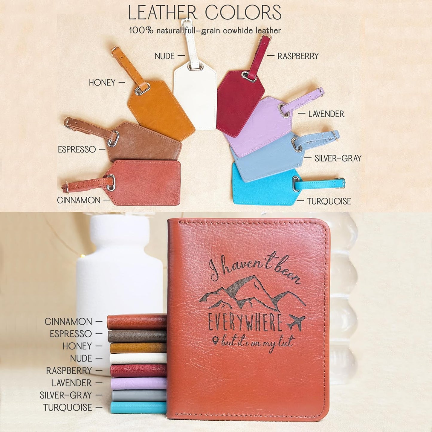 Personalized passport holder for travel- Premium genuine Leather passport Cover with Monogram, Name, Date, and Photo - Made in USA customized gifts for Women, Men, and family
