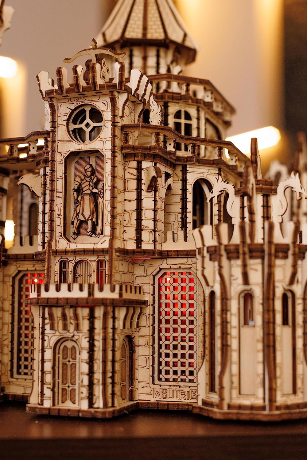 Wood Trick Dragon Castle Movable Wooden 3D Puzzles for Adults and Kids to Build - Red LED - Greensleeves Melody - Towers Rotating - Engineering DIY Project Mechanical Model Kits for Adults