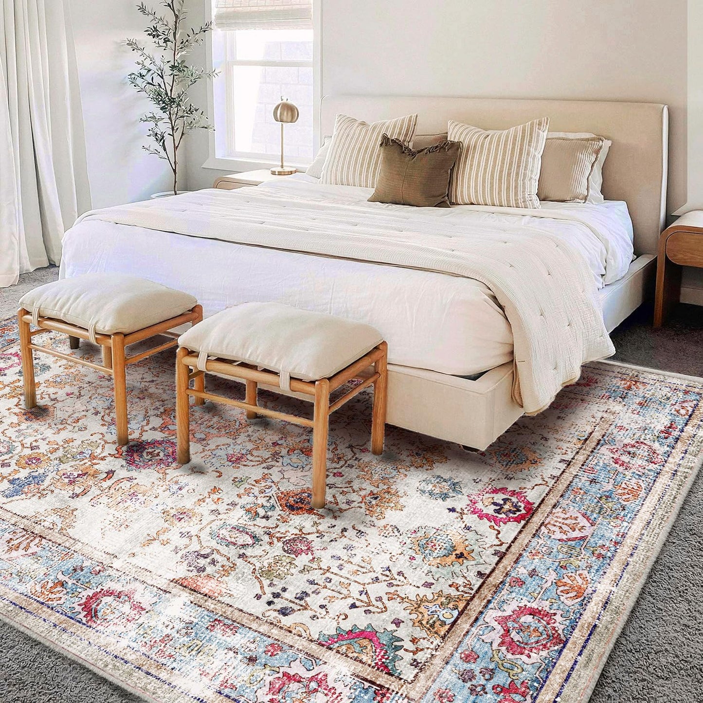 Washable Area Rug 8'x10' Vintage Traditional Mat Distressed Indoor Foldable Accent Thin Rug Retro Floral Non Slip Carpet Living Room Dining Room Office