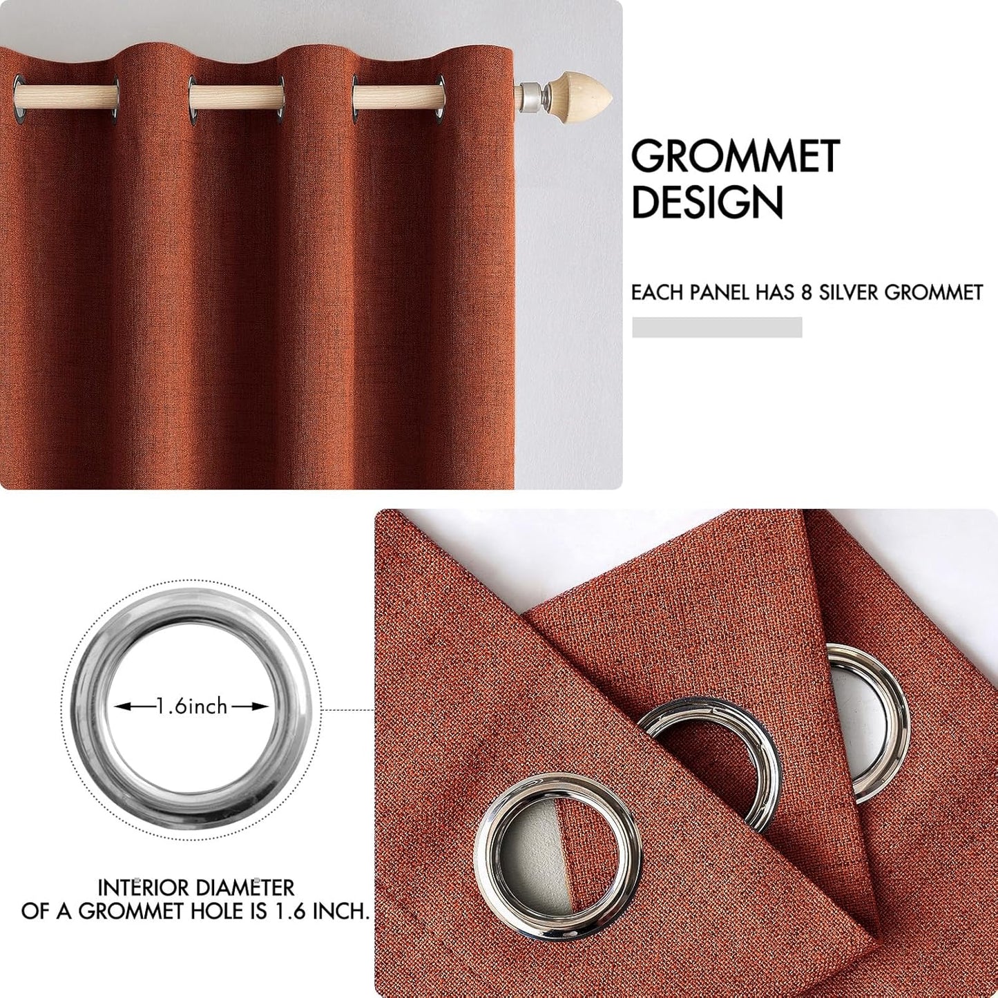 MIULEE Linen Curtains for Bedroom 100% Blackout Thermal Insulated Burnt Orange Grommet Room Darkening Curtains & Drapes Rust Terracotta Fall Decor for Living Room Nursery 52 x 63 Inch (2 Panels)