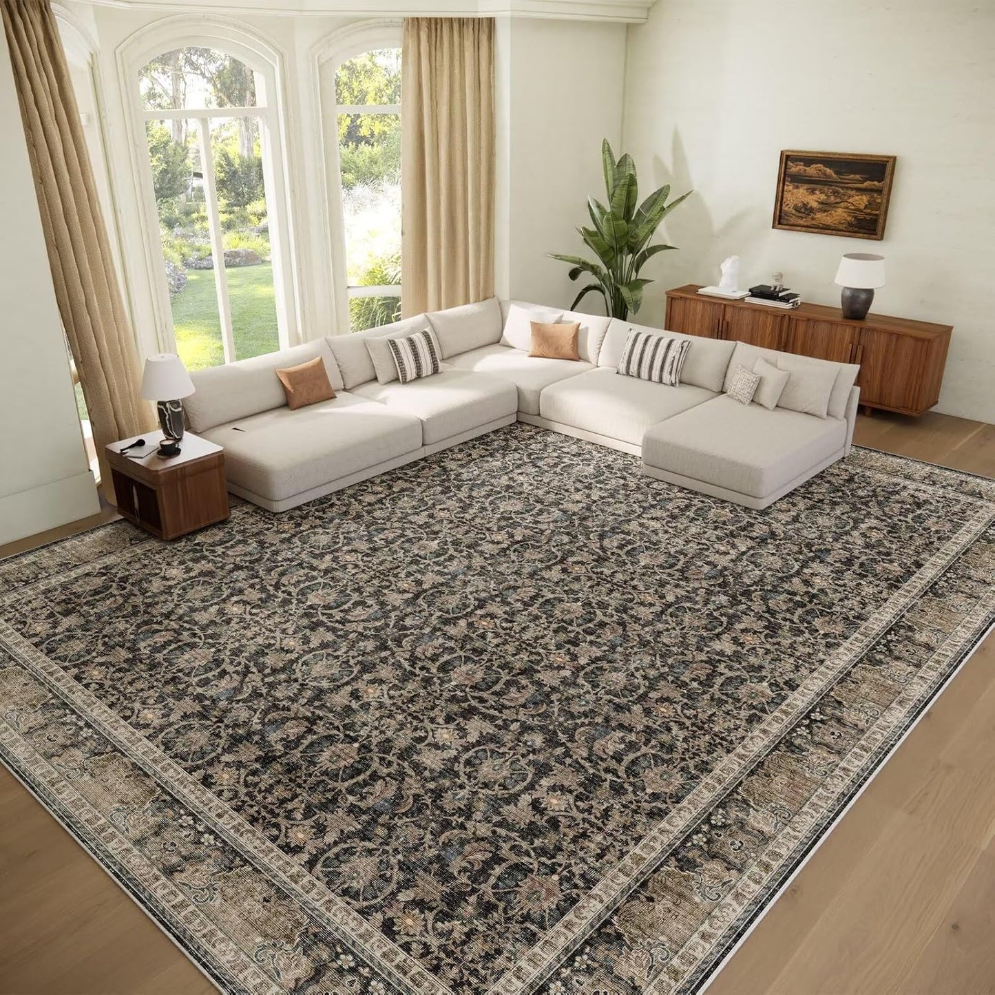 Washable 9x12 Area Rugs for Living Room, Boho Non-Slip Silicone Backing Rugs for Bedroom Dining Room Nursery Office, 0.3" Neutral Oriental Throw Carpet with 0.16" Cushioning Pad, Black/Multi
