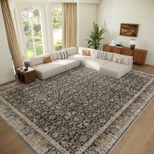 Washable 9x12 Area Rugs for Living Room, Boho Non-Slip Silicone Backing Rugs for Bedroom Dining Room Nursery Office, 0.3" Neutral Oriental Throw Carpet with 0.16" Cushioning Pad, Black/Multi