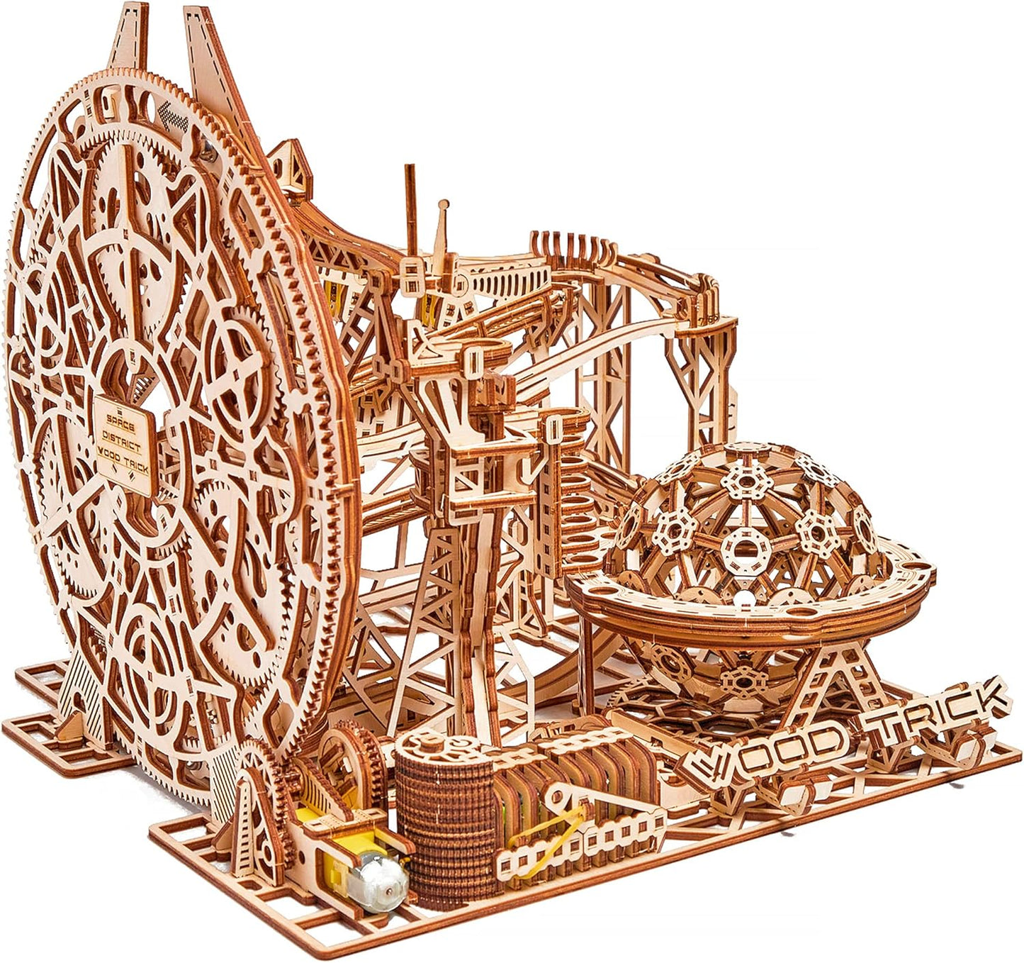 Wood Trick Wooden Marble Run Electric Motorized - 3D Wooden Puzzles for Adults and Kids to Build - 15x14 in - Roller Coaster Wooden Model Kits for Adults and Teens to Build