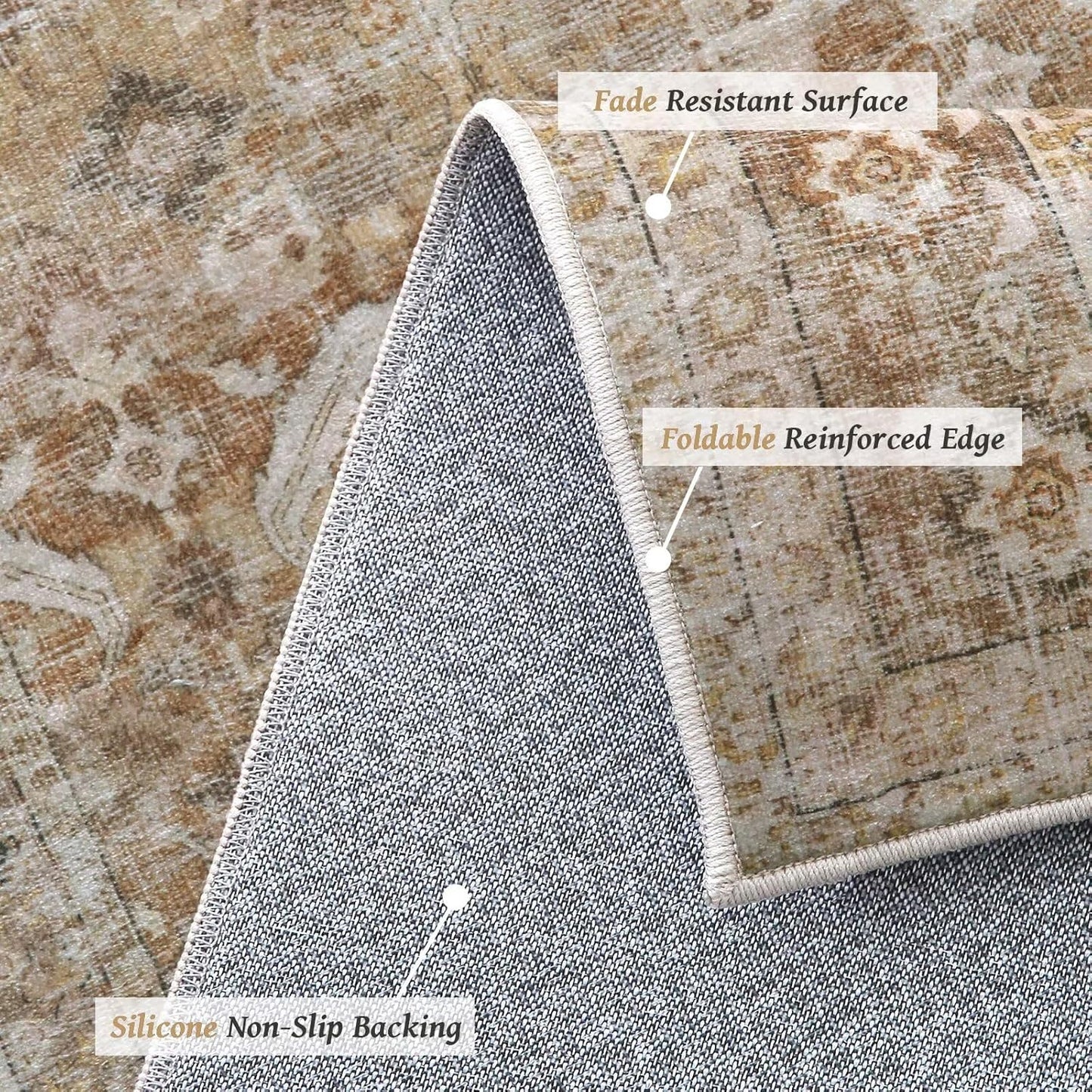 Washable 3x5 Entryway Rug Indoor, Boho Non-Slip Silicone Backing Small Rugs for Kitchen Nursery Office Bedroom, 0.3" Neutral Oriental Throw Carpet with 0.16" Cushioning Pad, Brown/Multi