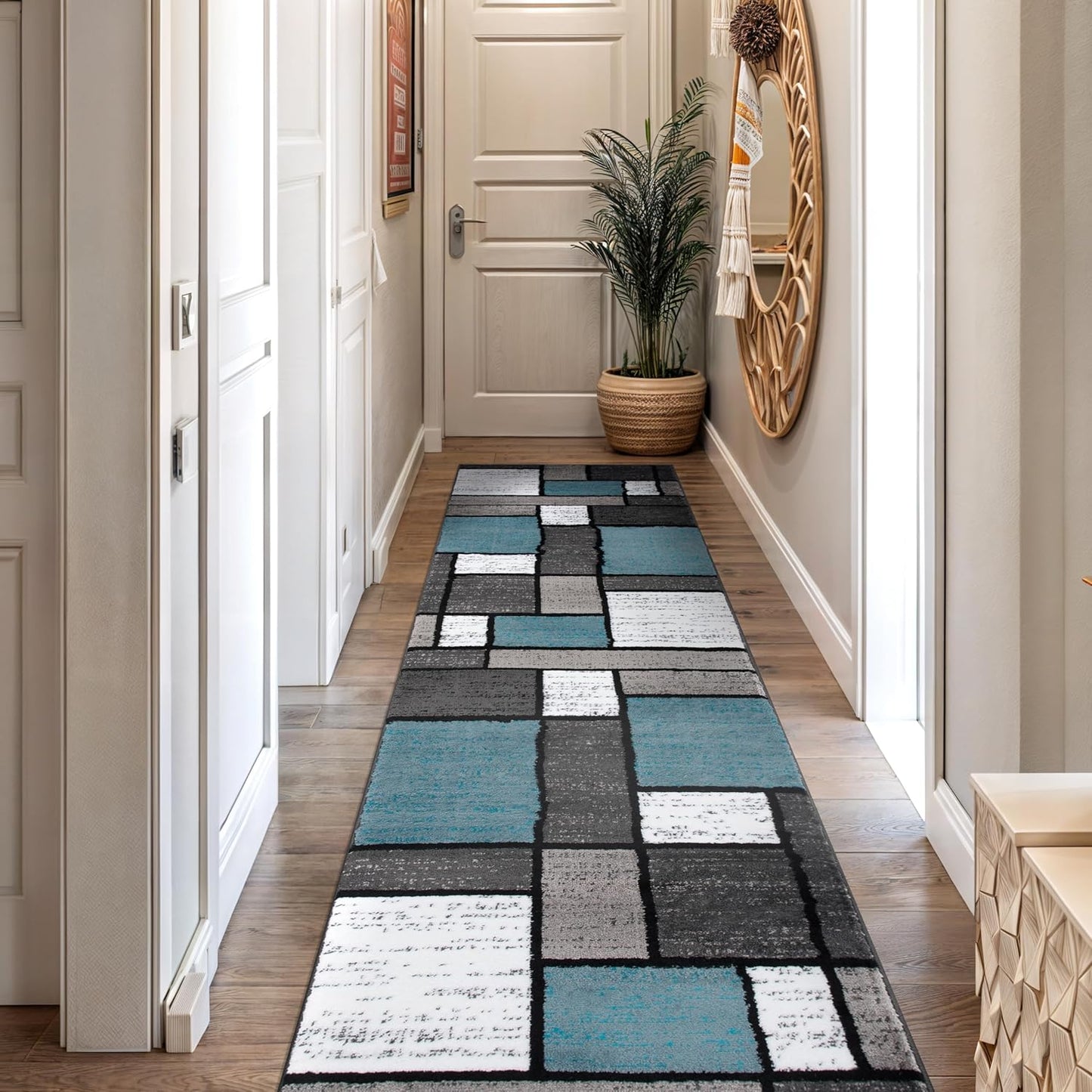 Rugshop Contemporary Modern Boxes for Home Office,Living Room,Bedroom,Kitchen Non Shedding Runner Rug 2'7" x 10' Blue