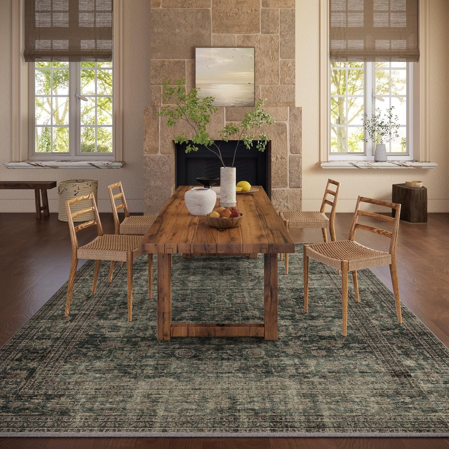 Washable Living Room Area Rug: 10x14 Rugs for Bedroom Vintage Stain Resistant Non Slip Low Pile Large Boho Carpet for Kitchen Dining Room Farmhouse Kids Room Nursery