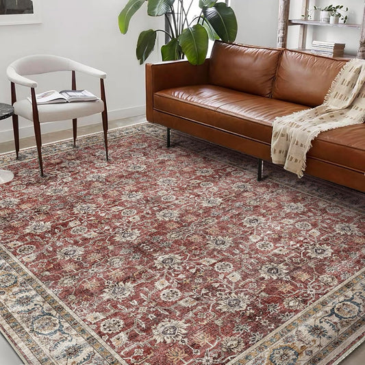 Washable Area Rug 9'x12' Boho Design Non-Shedding Easy Care Ideal for High Traffic Areas in Living Room Bedroom Office Coffee Table Kitchen Large Carpet