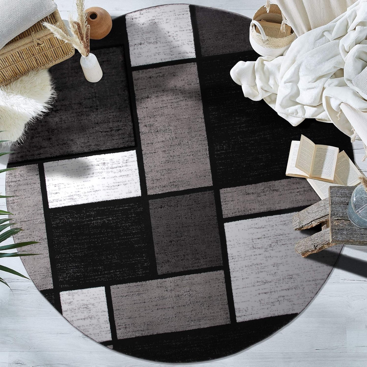 Rugshop Contemporary Modern Boxes for Home Office,Living Room,Bedroom,Kitchen Non Shedding Round Area Rug 8' Gray