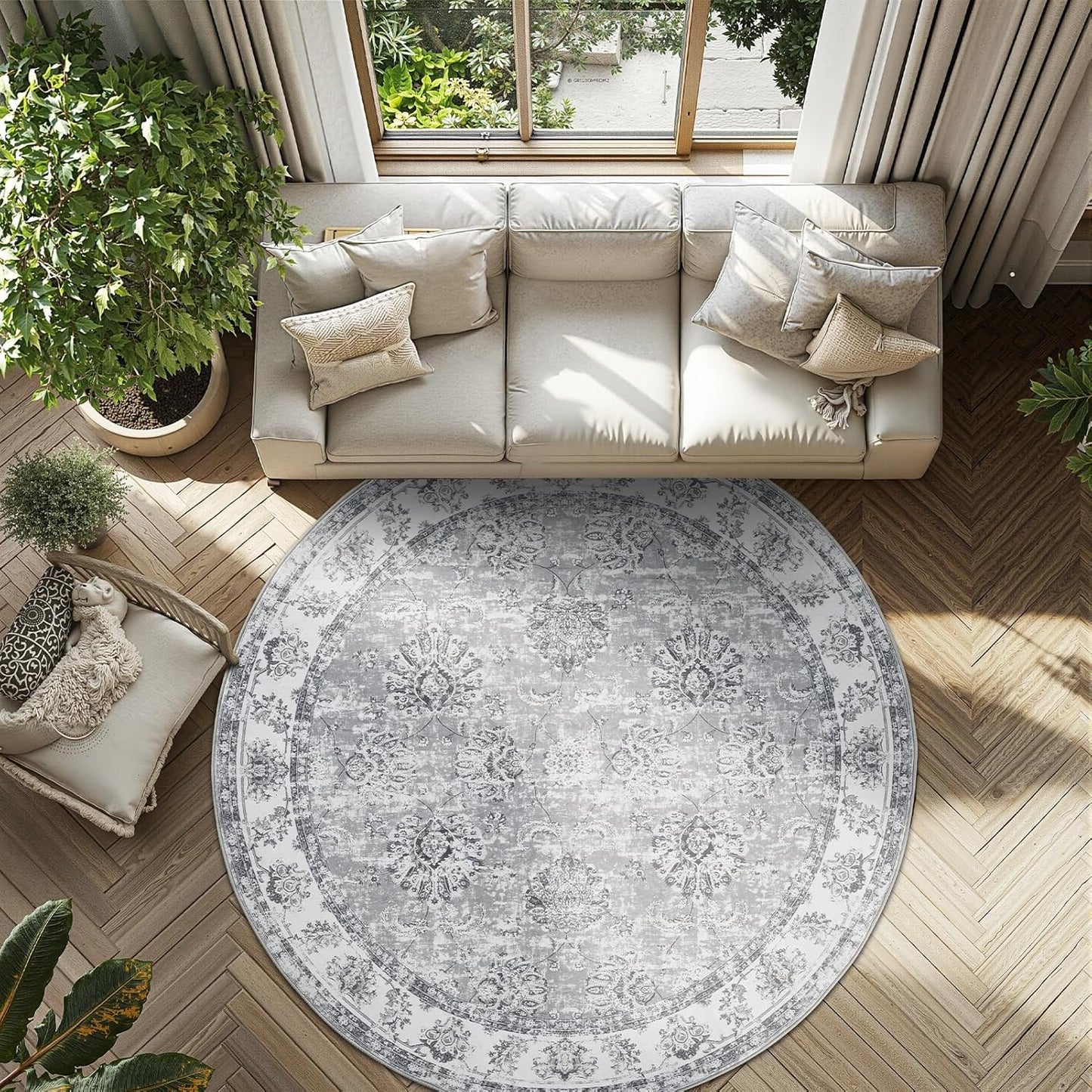 jinchan Round Rug 8ft Area Rug - Grey Vintage Floor Mat Kitchen Indoor Ultra-Thin Soft Floral Print - Washable Circle 8' Retro Accent for Farmhouse Non Slip Dining Room Living Room Bedroom Office