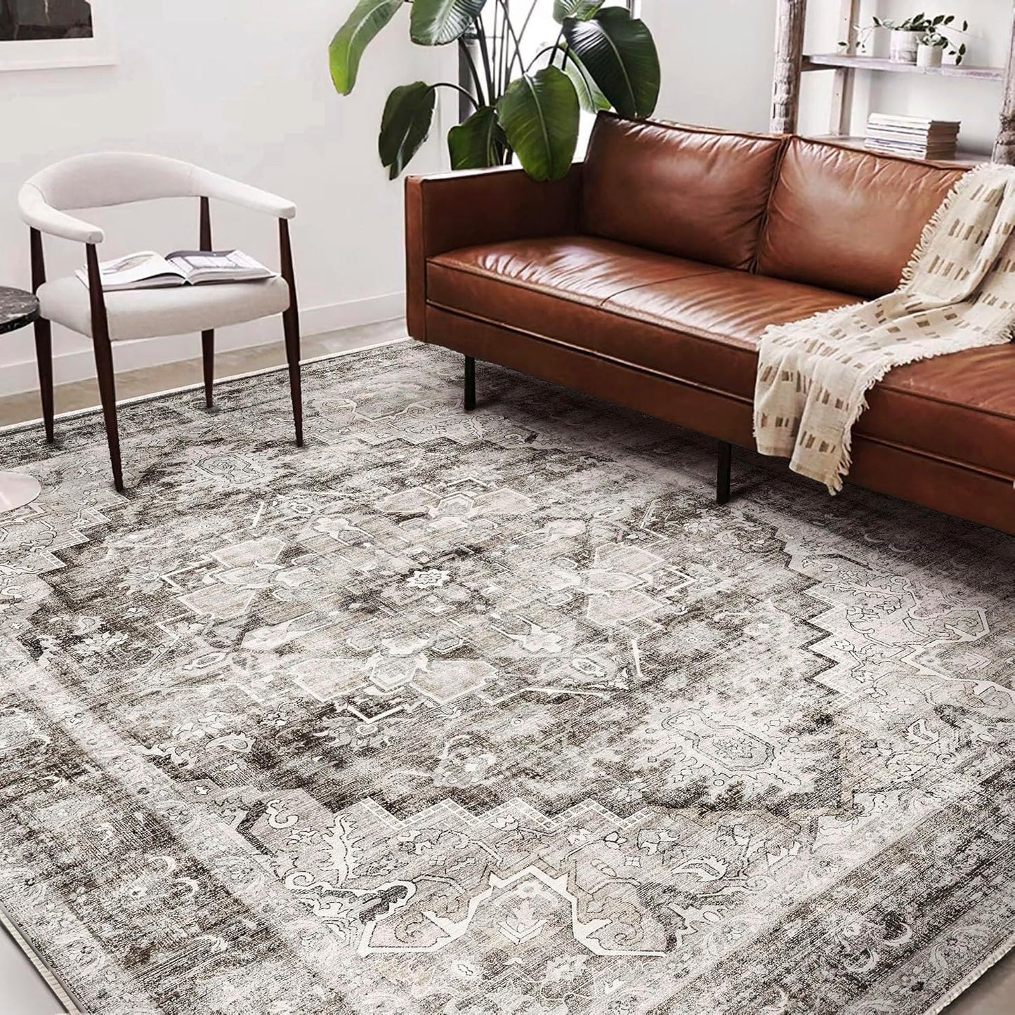 Washable Area Rug 8'x10' Deep Khaki Retro Boho Design Non-Shedding Non-Slip Easy Care Ideal for High Traffic Areas in Living Room Bedroom Office Coffee Table Kitchen Large Carpet