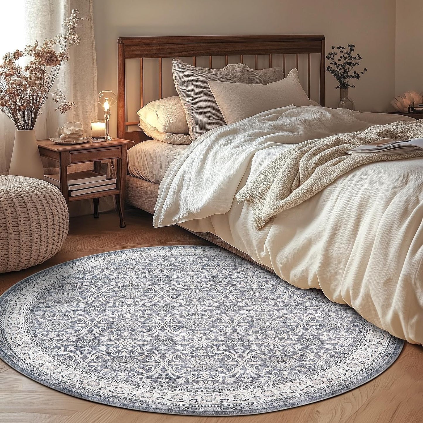 jinchan Round Rug 6ft Washable Circle Soft Rug - Low Pile Vintage 6'Round Indoor Grey Floral Print Stain Resistant Boho Carpet Ultra-Thin Non-Slip for Living Room Nursery Bedroom Dining Room Kitchen