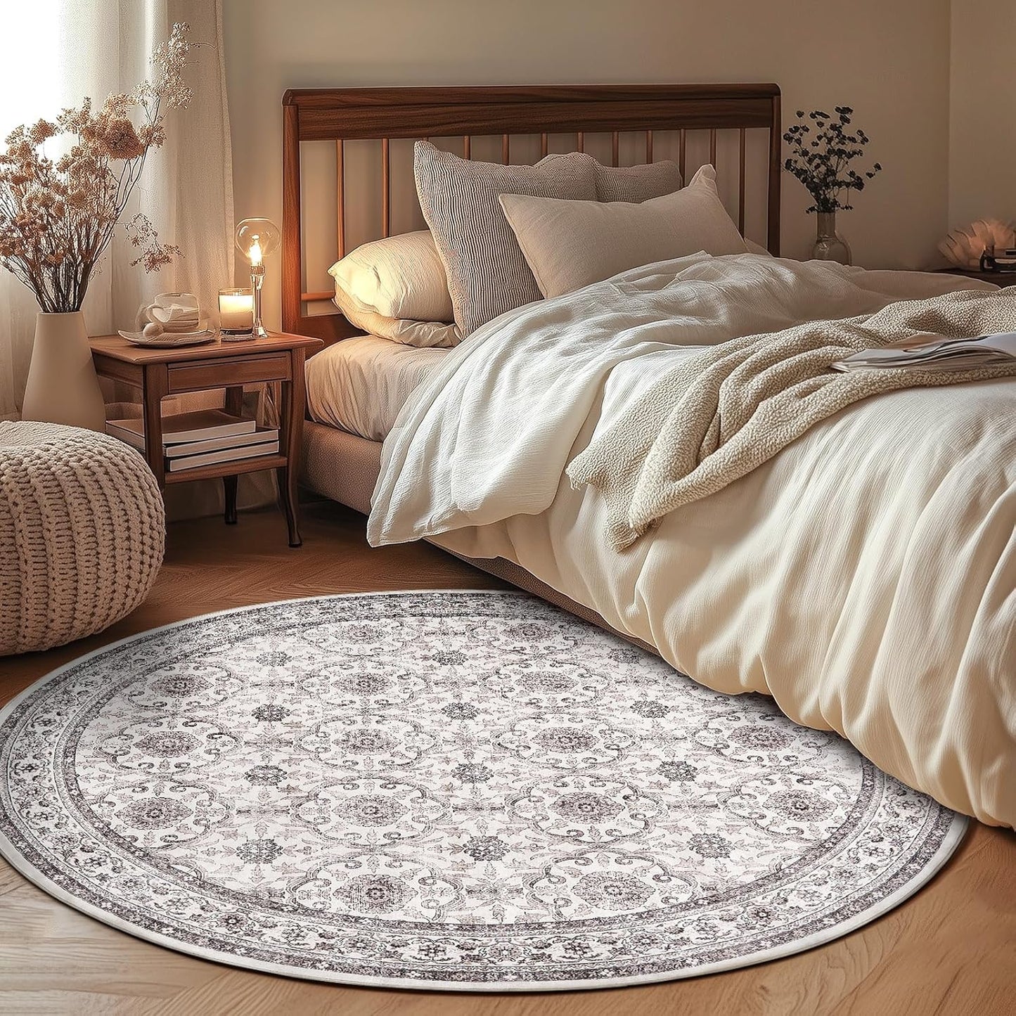 jinchan Round Rug 5ft Washable Circle Soft Rug - Low Pile Vintage 5'Round Indoor Beige Floral Print Stain Resistant Boho Carpet Ultra-Thin Non-Slip for Entryway Nursery Bedroom Dining Room Kitchen