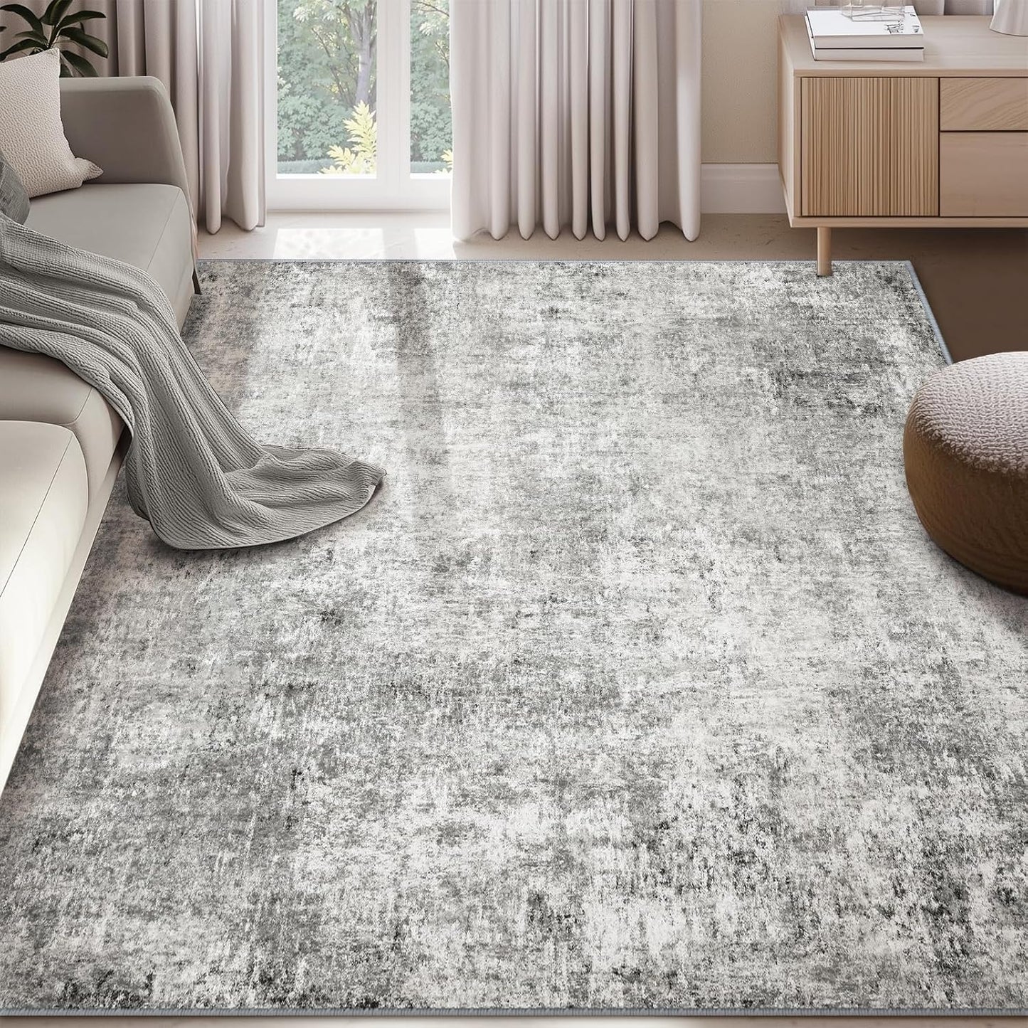 Washable Area Rugs 9'x12' Non-Slip Modern Abstract Soft for Living Room Entryway Bedroom Nursery, Print Pattern, Gray White Grey