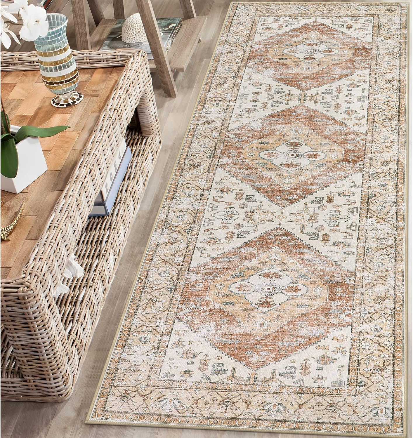 Lahome Boho Washable Runner - 2x5 Rug Runner Non-Slip Lightweight Laundry Room Rug Throw Non-Shedding Long Bathroom Carpet, Oriental Accent Print Indoor Carpet for Kitchen Hallway Bedroom