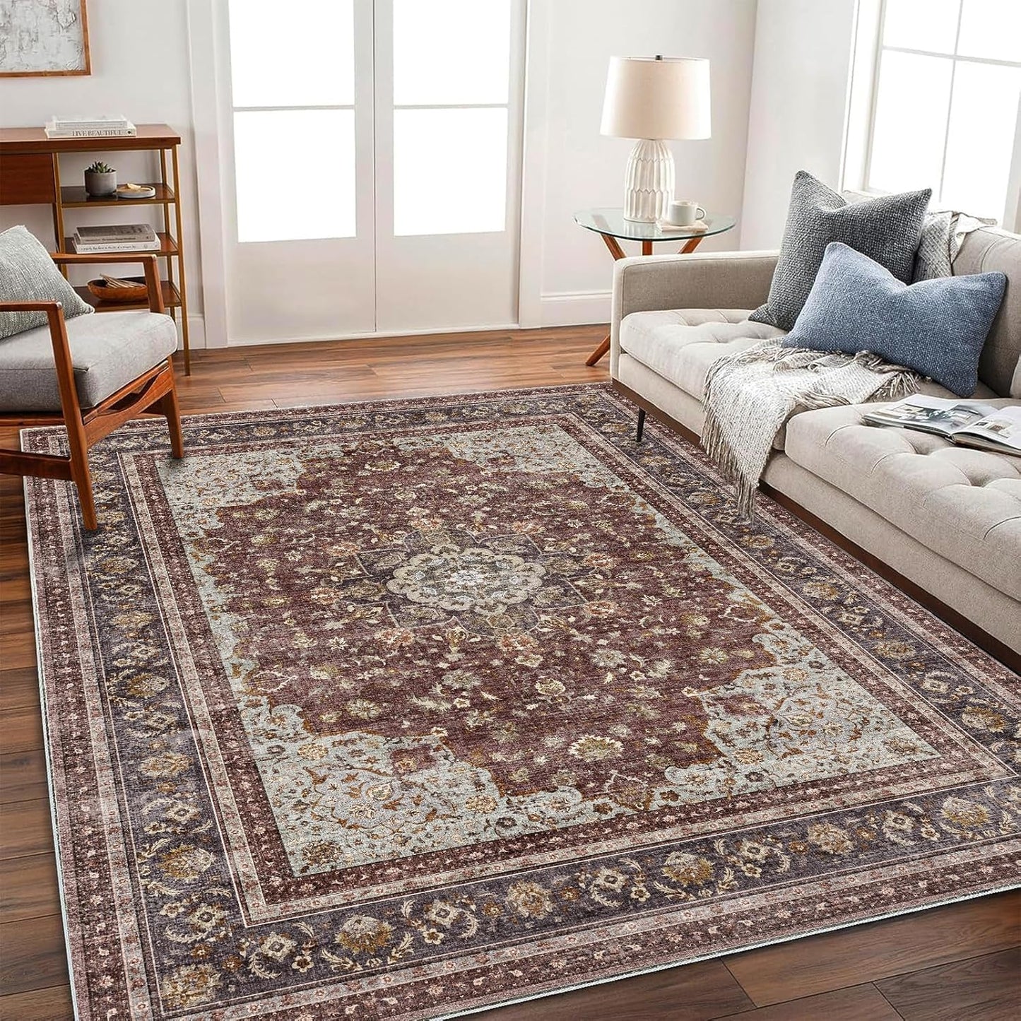 Washable Area Rug 4'x6' Traditional Floor Cover Foldable Thin Rugs Retro Kitchen Indoor Distressed Non Slip Carpet Floral Print Mat Bedroom Living Room