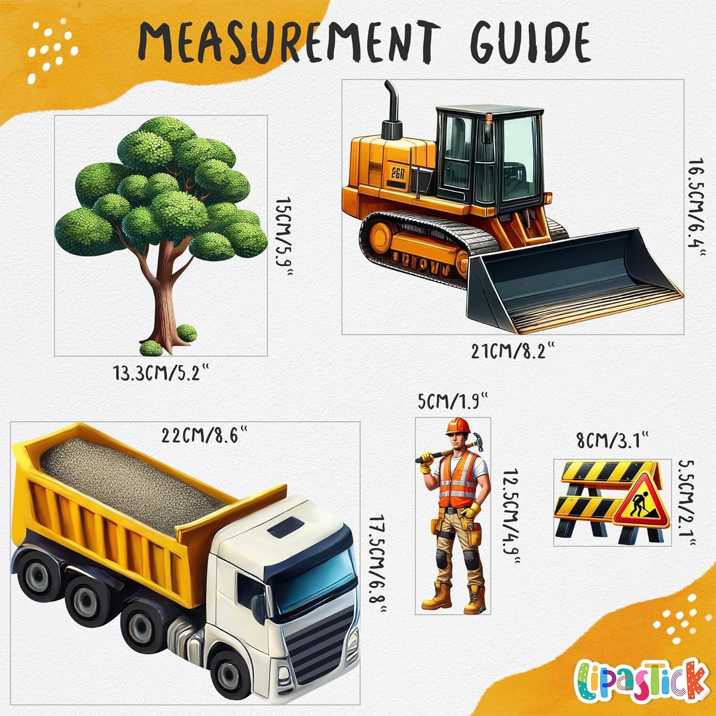 Construction Car Wall Decals for Boys by Lipastick - Road, Trucks, Tractors, Excavators Wall Stickers for Kids Bedroom, Nursery, Playroom - Peel and Stick Transport Themed Wall Decals - L Size