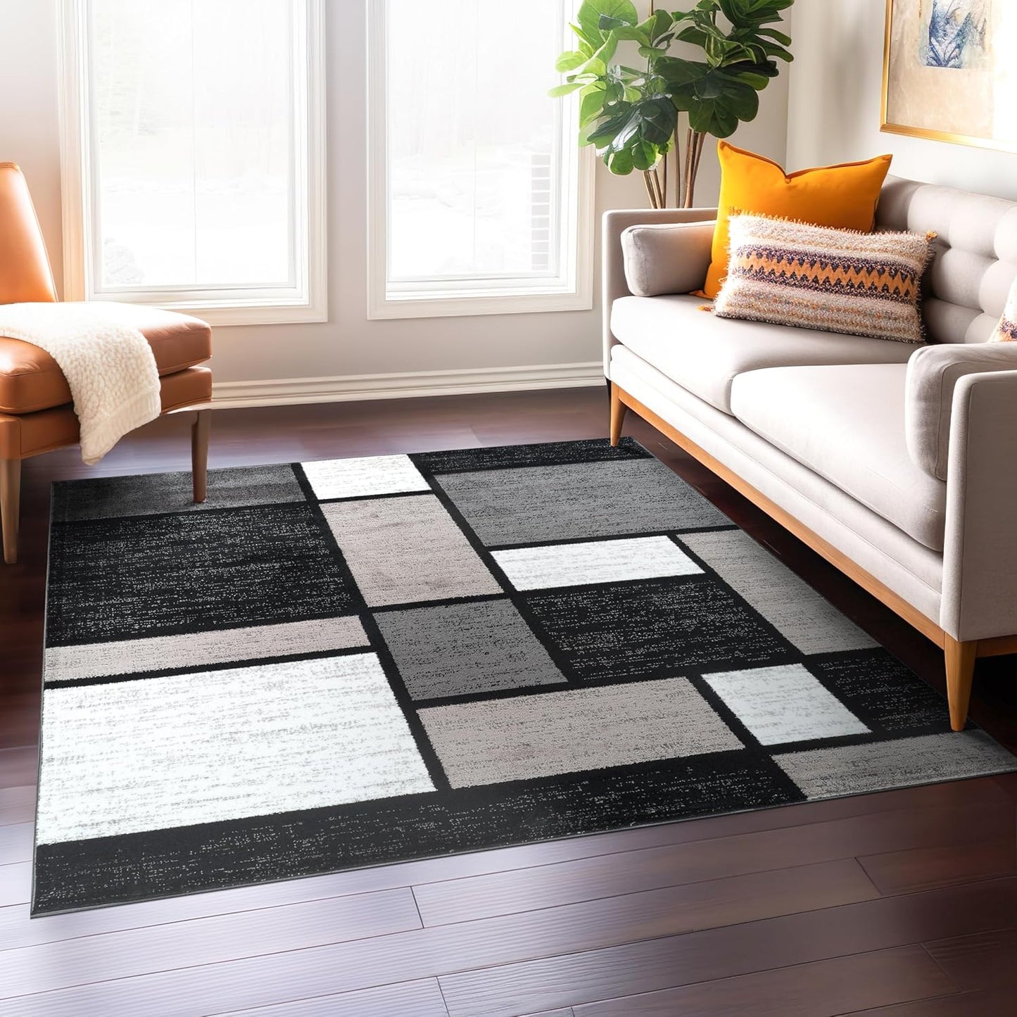 Rugshop Contemporary Modern Boxes for Home Office,Living Room,Bedroom,Kitchen Non Shedding Square Area Rug 6'6" x 6'6" Gray