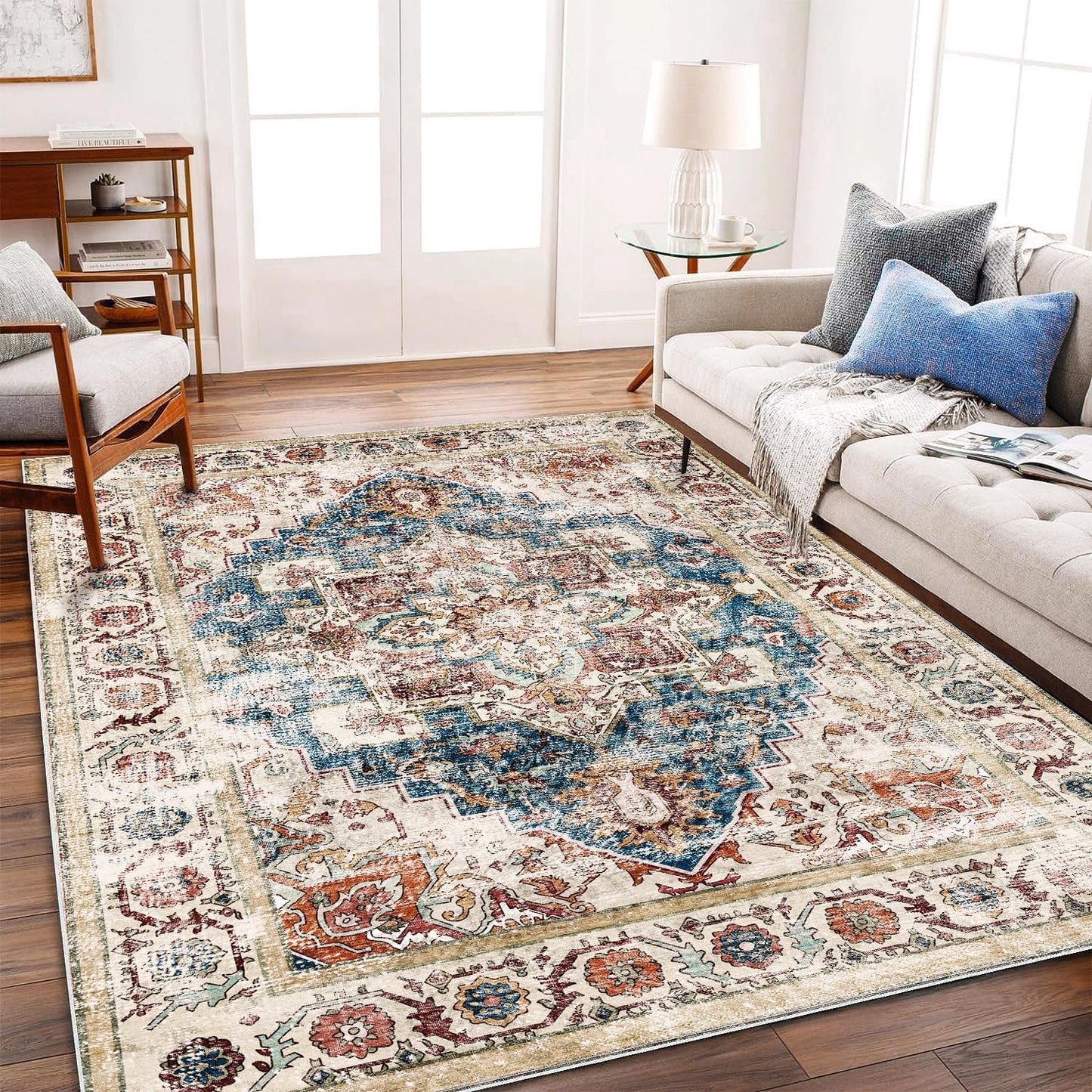 Washable Area Rug 10'x14' Beige Blue Boho Chic Medallion Distressed Design Non-Shedding Easy Care Ideal for High Traffic Areas in Living Room Bedroom Office Coffee Table Large Carpet