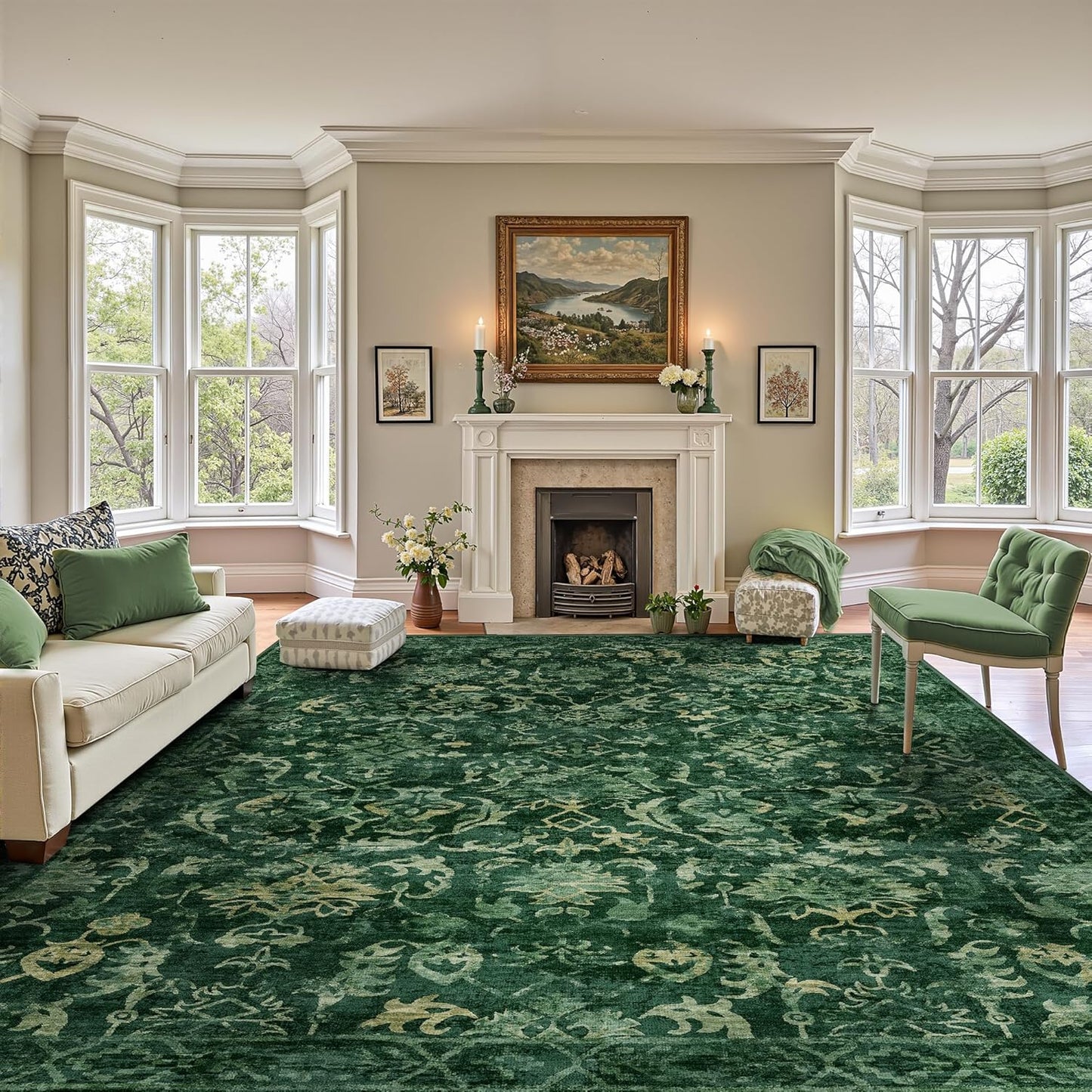 Deerly Dark Green Area Rugs 10x12 for Living Room Soft Non-Slip, Large Bedroom Rug Vintage Dining Room Rug Tribal Farmhouse Carpet for Dining Room Office Green