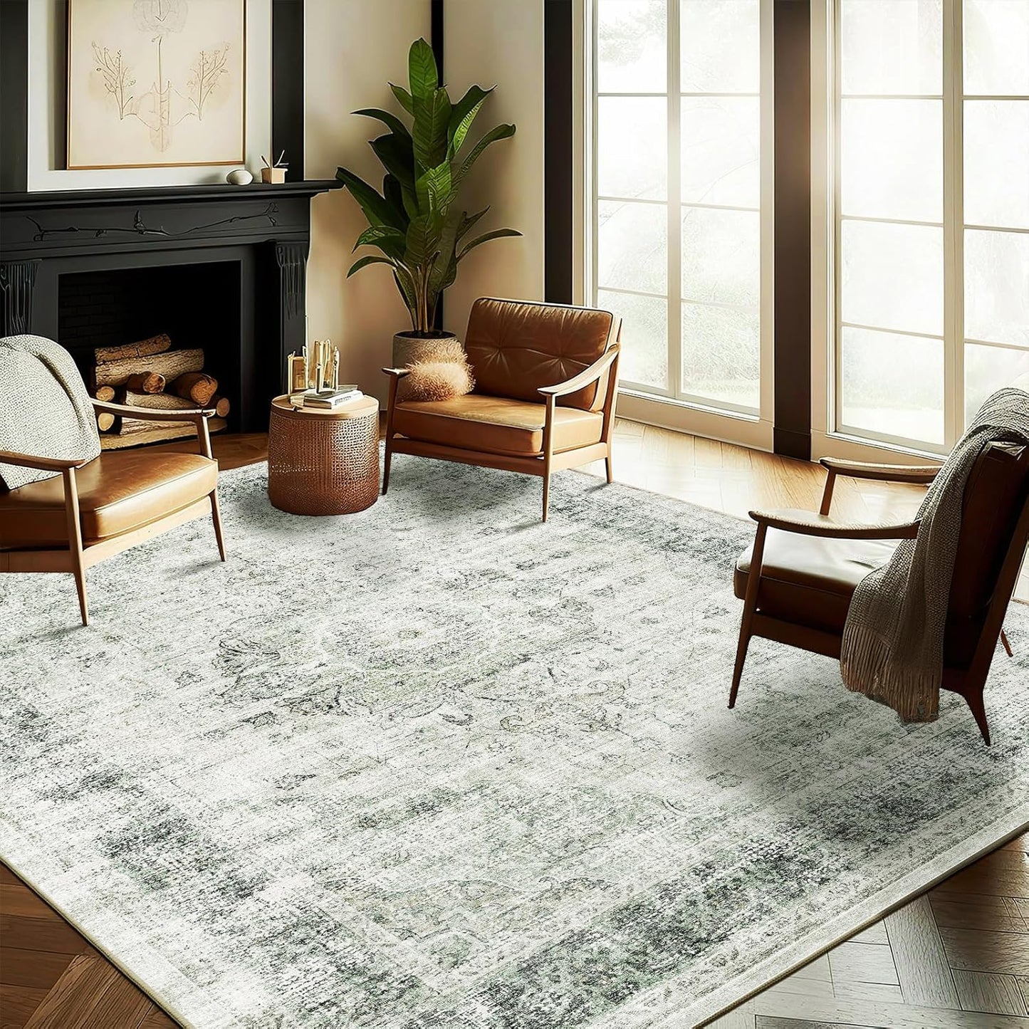 Washable Area Rug 9'x12' Retro Floral Green Boho Design Non-Shedding Easy Care Ideal for High Traffic Areas in Living Room Bedroom Office Coffee Table Kitchen Large Carpet