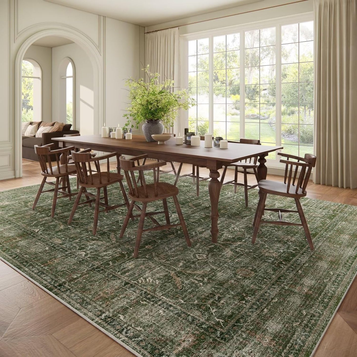 Washable 9x12 Area Rugs for Living Room, Boho Non-Slip Silicone Backing Rugs for Bedroom Dining Room Nursery Office, 0.3" Neutral Oriental Throw Carpet with 0.16" Cushioning Pad, Grass Green/Multi