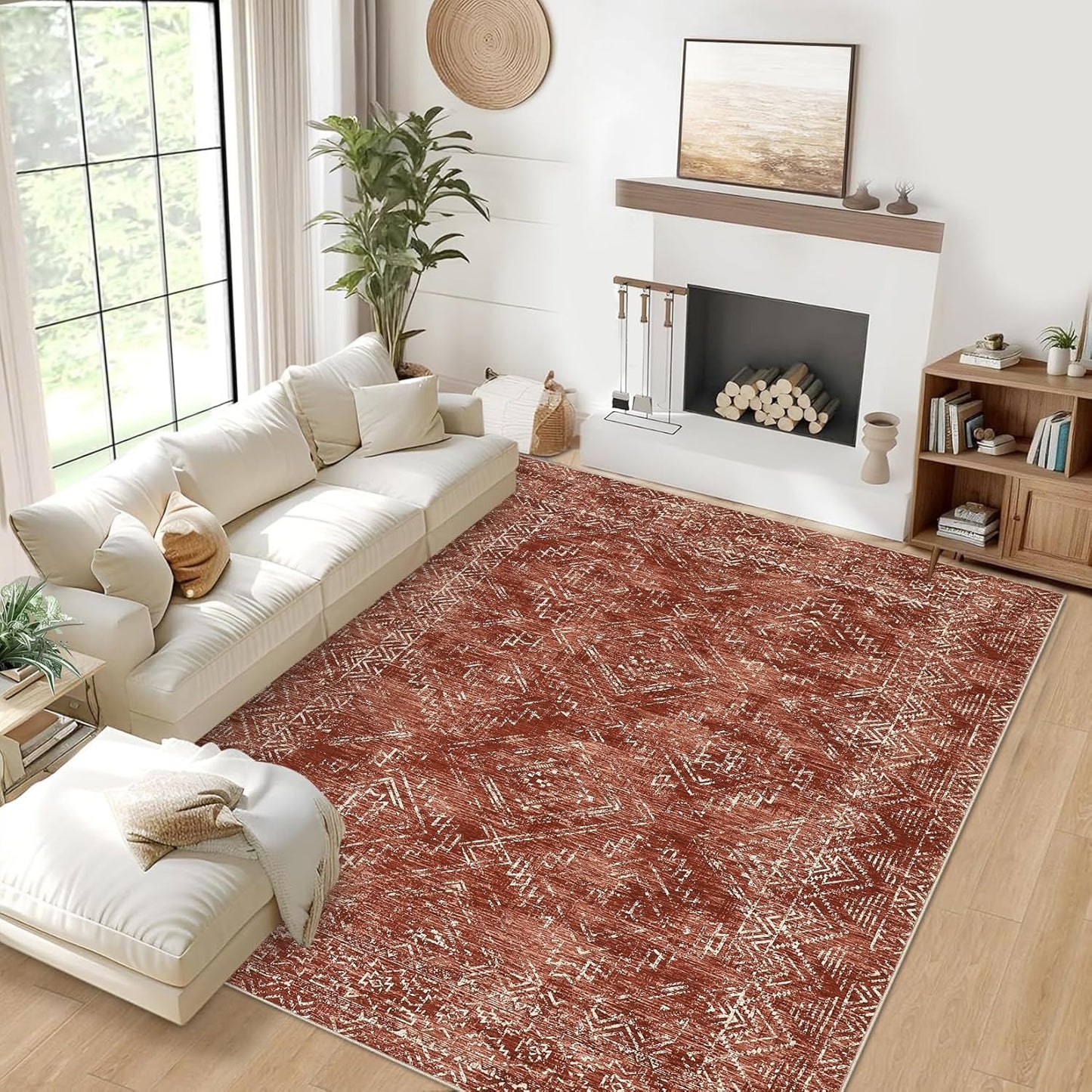 COZYLOOM 4x6 Area Rug Modern Indoor Area Rug Machine-Washable for Living Room or Bedroom Softness Foldable Carpet for Easy Storage Abstract Geometric Design Non Slip Stain Resistant Carpet, Brick Red