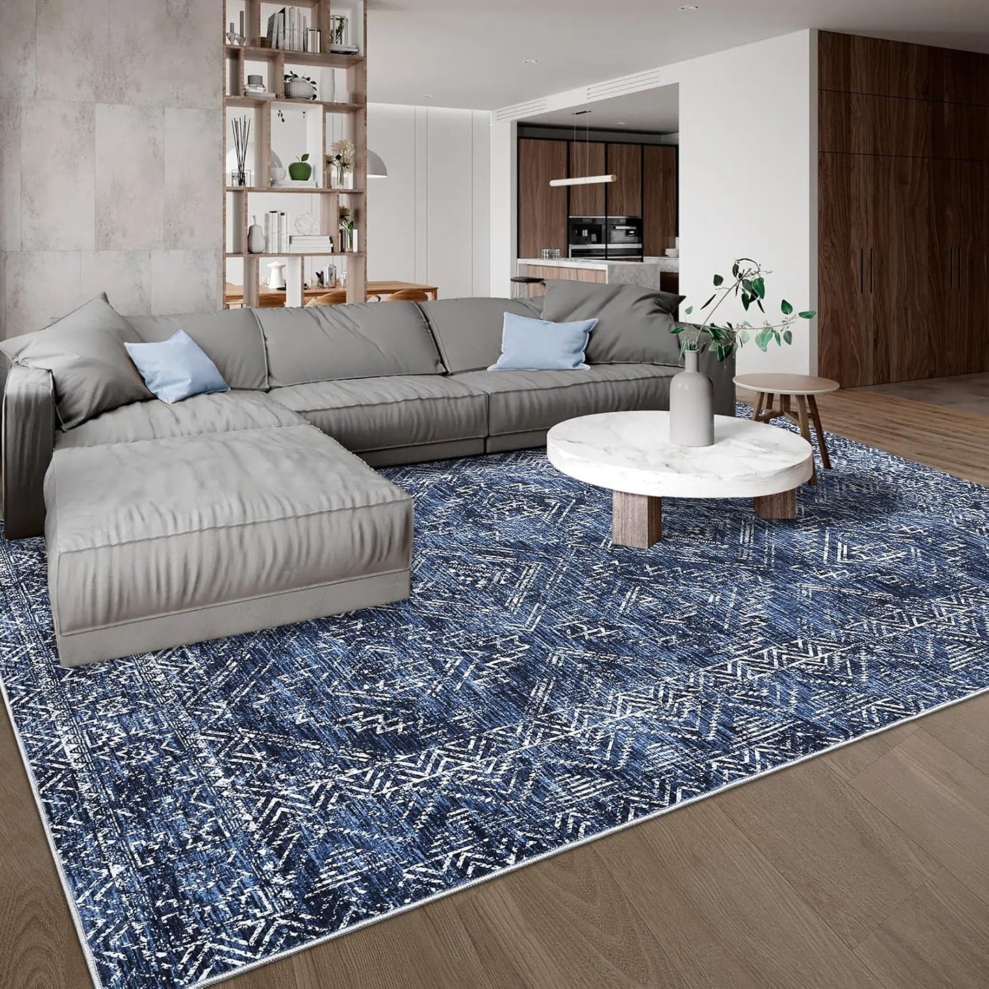 COZYLOOM 6x9 Washable Area Rug Vintage Non Slip Low Pile Rug Soft Throw Floor Cover Geometric Tribal Foldable Indoor Carpet for Living Room Bedroom Playroom Nursery, Blue