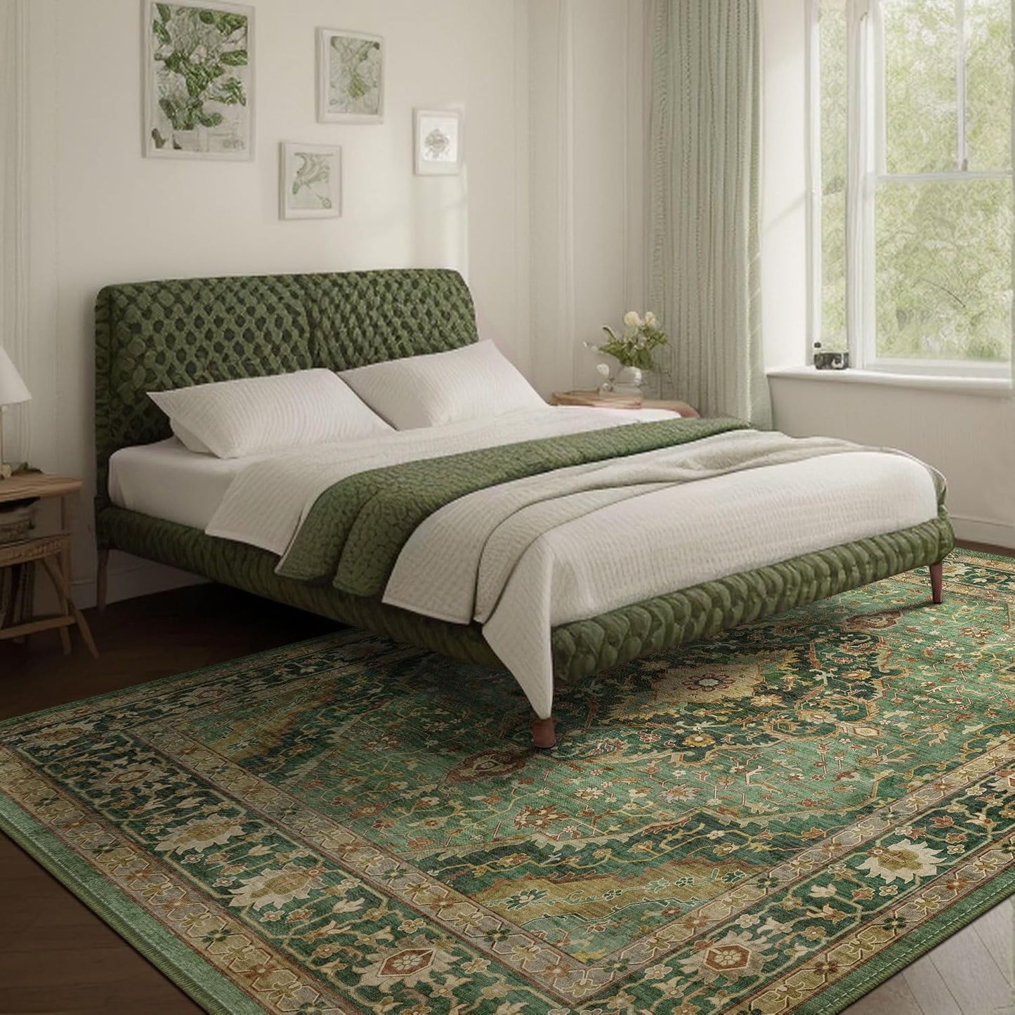 9x12 Rugs for Bedroom, Vintage Washable Rugs Non Slip Large Area Rug for Living Room Dining Room Office, Floor Decoration Big Rug Carpet Low-Pile Kid & Pet Friendly(Border Green)