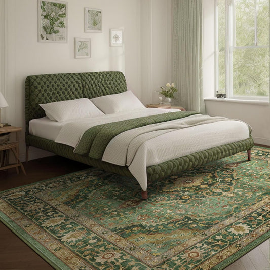 Deerly Green Rug 8x10 Area Rug for Living Room Bedroom Washable Rugs Large Boho 8x10 Rug for Dining Room Carpet Non-Slip Distressed Carpet Rugs Print Floor Rug(Border Green)
