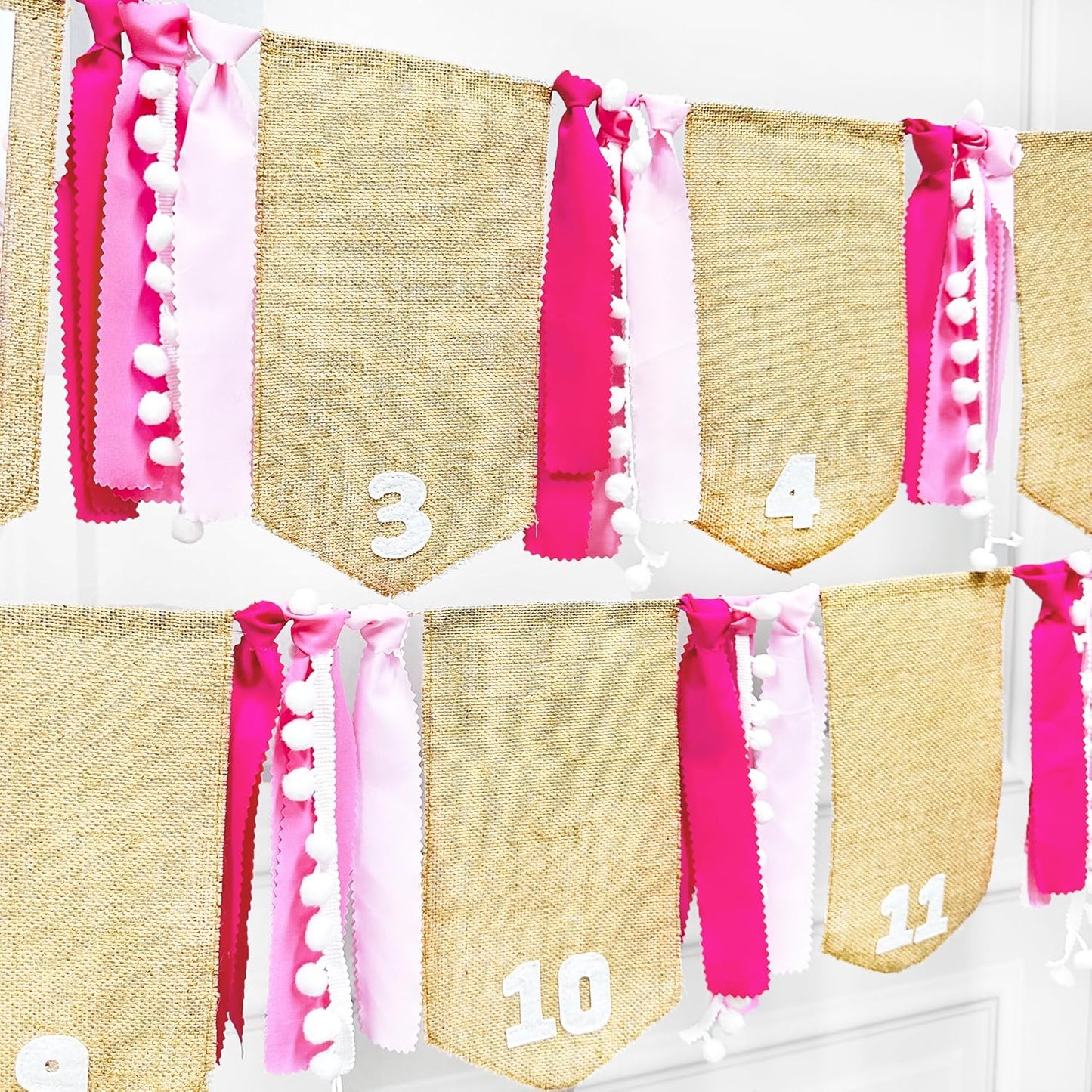 pinkblume 1st Birthday Burlap Photo Banner Garland Handmade Felt from Newborn to 12 Months with Gradient Pink Ribbon for Baby Girl Monthly Milestones First Birthday Party Decorations Supplies