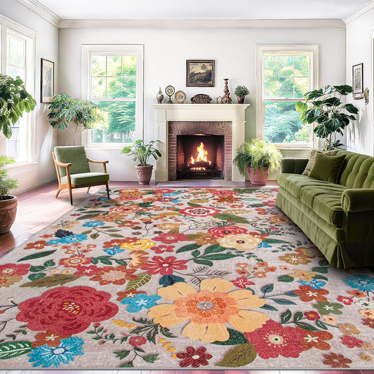 9x12 Area Rug for Living Room: Vintage Floral Washable Rug Soft Boho Non Slip Carpet Large Indoor Floor Non Shedding Low Pile Thin Carpets for Bedroom Dining Room Farmhouse Nursery Home Office Beige