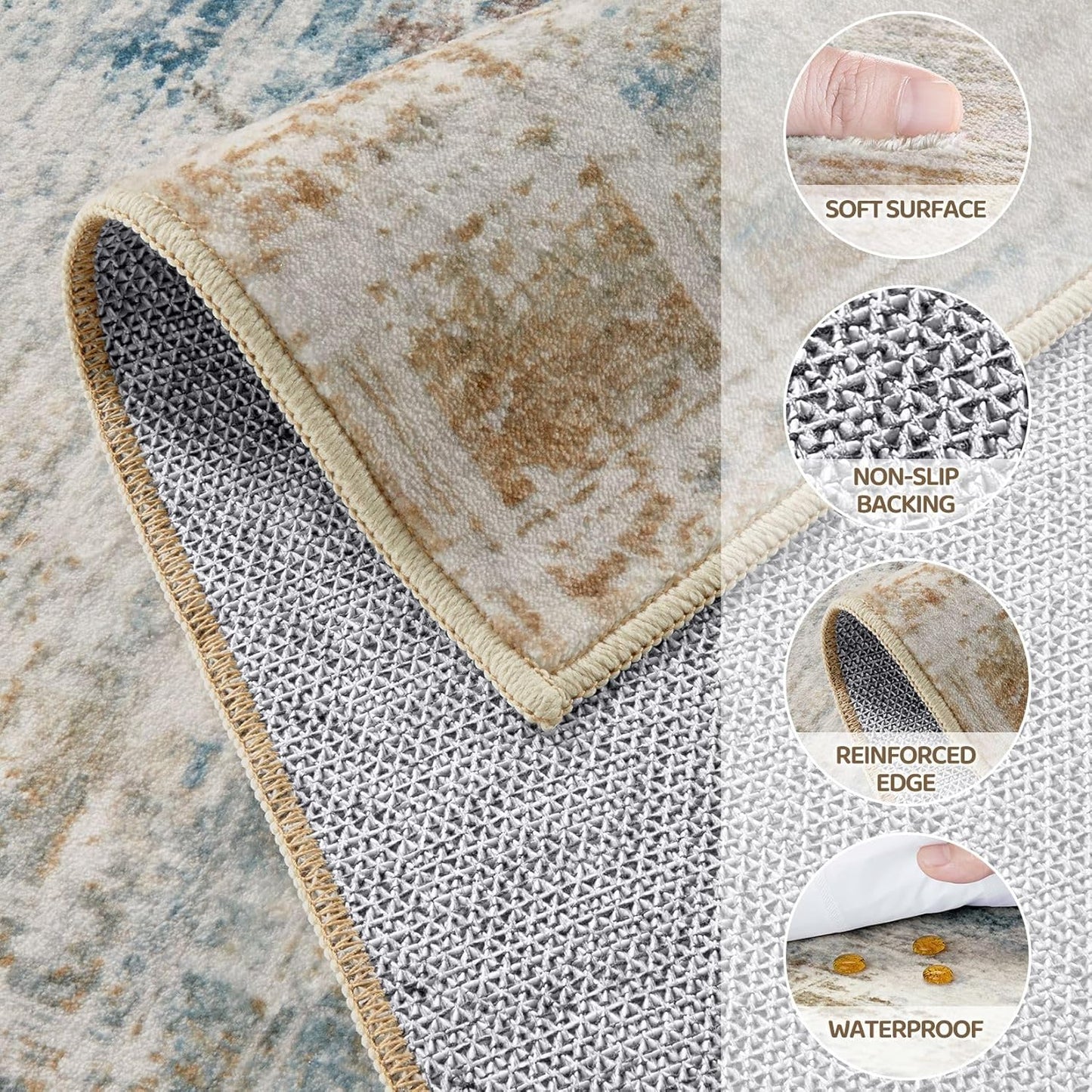 Area Rug for Living Room: 3x5 Washable Neutral Abstract Modern Soft Rugs Non Slip Indoor Floor Stain Resistant Carpet for Bedroom Dining Room Office Nursery - Blue Brown