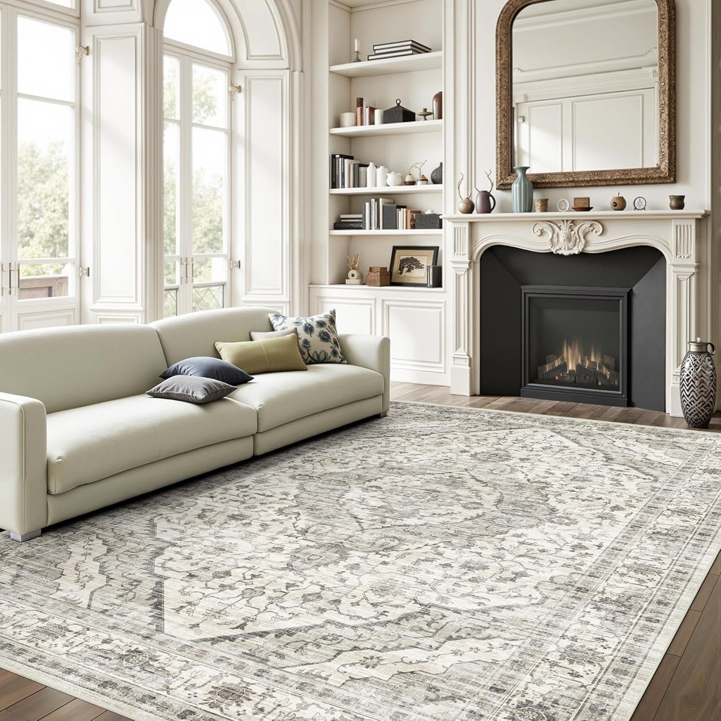 Boho 6x9 Area Rug Vintage Rugs for Living Room, Washable Rugs Non Slip Large Area Rug for Dining Room Bedroom Office, Floor Decoration Big Rug Mat Low-Pile (Cream)