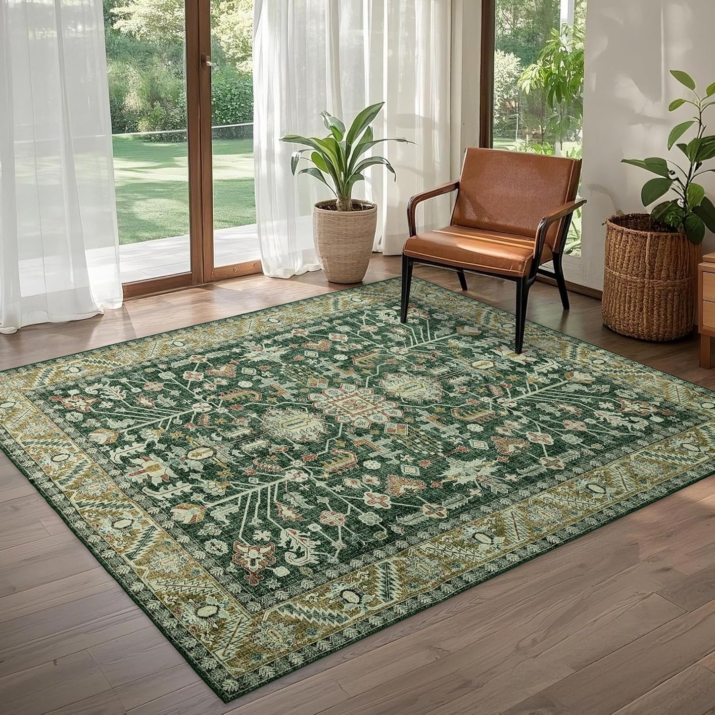 5x8 Area Rug Washable: Oriental Soft Area Rug for Living Room Bedroom No Shedding - Low Pile Thin Carpet Rug for Dining Room Non Slip - Boho Vintage Rug for Home Decor - Retro Forest Green