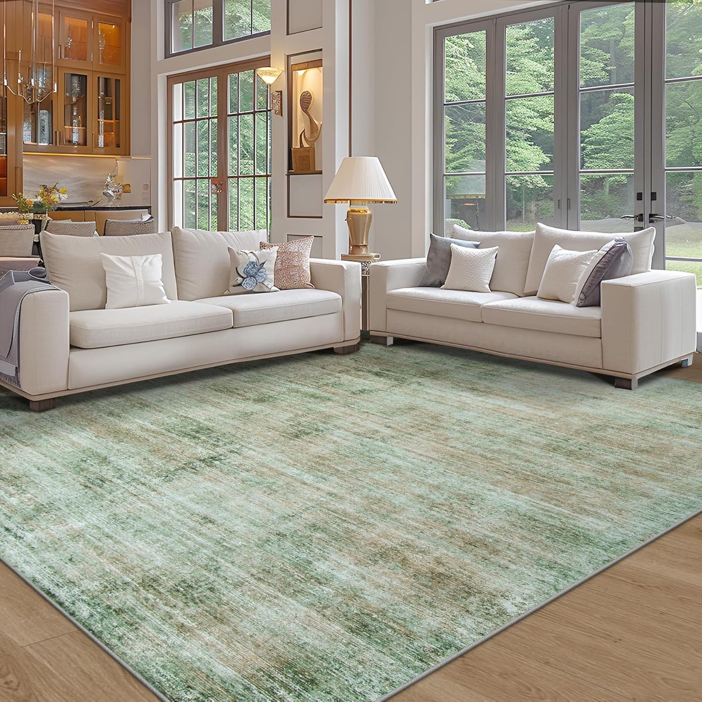 Area Rug 5x7 Living Room Rugs: Abstract Large Washable Rugs with Non-Slip Backing, Thin Carpet for Dining Room Table Bedroom Nursery Indoor Home Office-Green