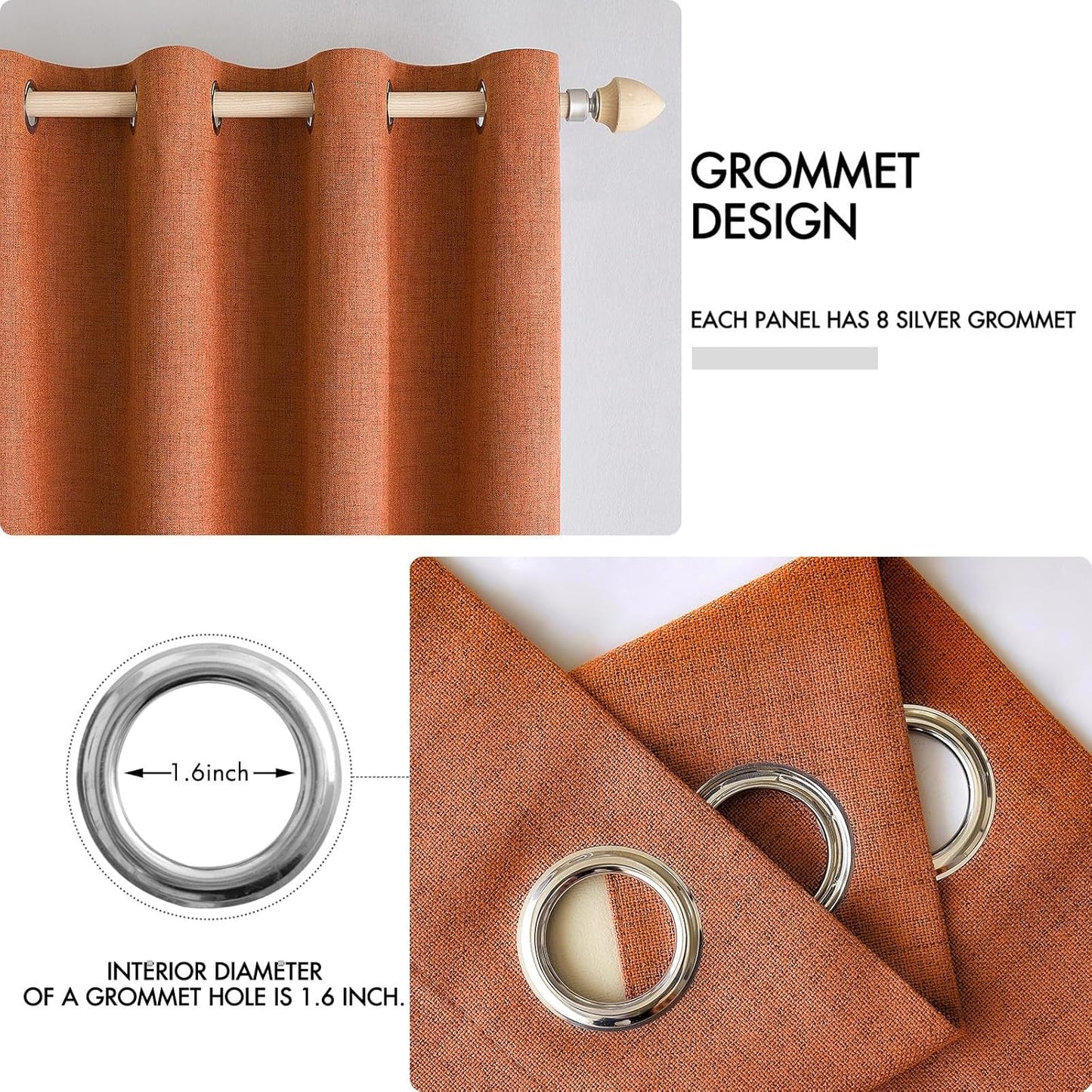 MIULEE 100% Blackout Linen Curtains for Bedroom Thermal Insulated Orange Grommet Room Darkening Curtains & Drapes Fall Decor for Living Room Nursery 52 x 84 Inch (2 Panels)