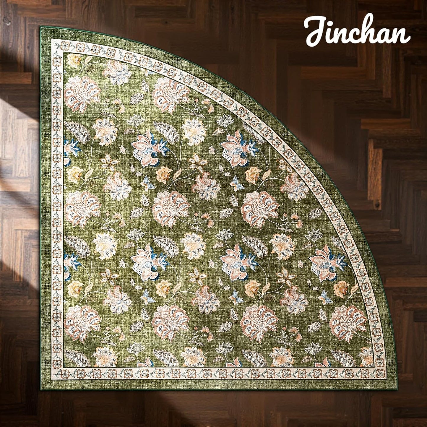 jinchan Floral Corner Rug for Entryway Washable Kitchen Rug Vintage Romance Design Non Slip Quarter Circle Lightweight Low-Pile Throw Carpet for Playroom Reading Nook Nursery, 4ft Radius, Green