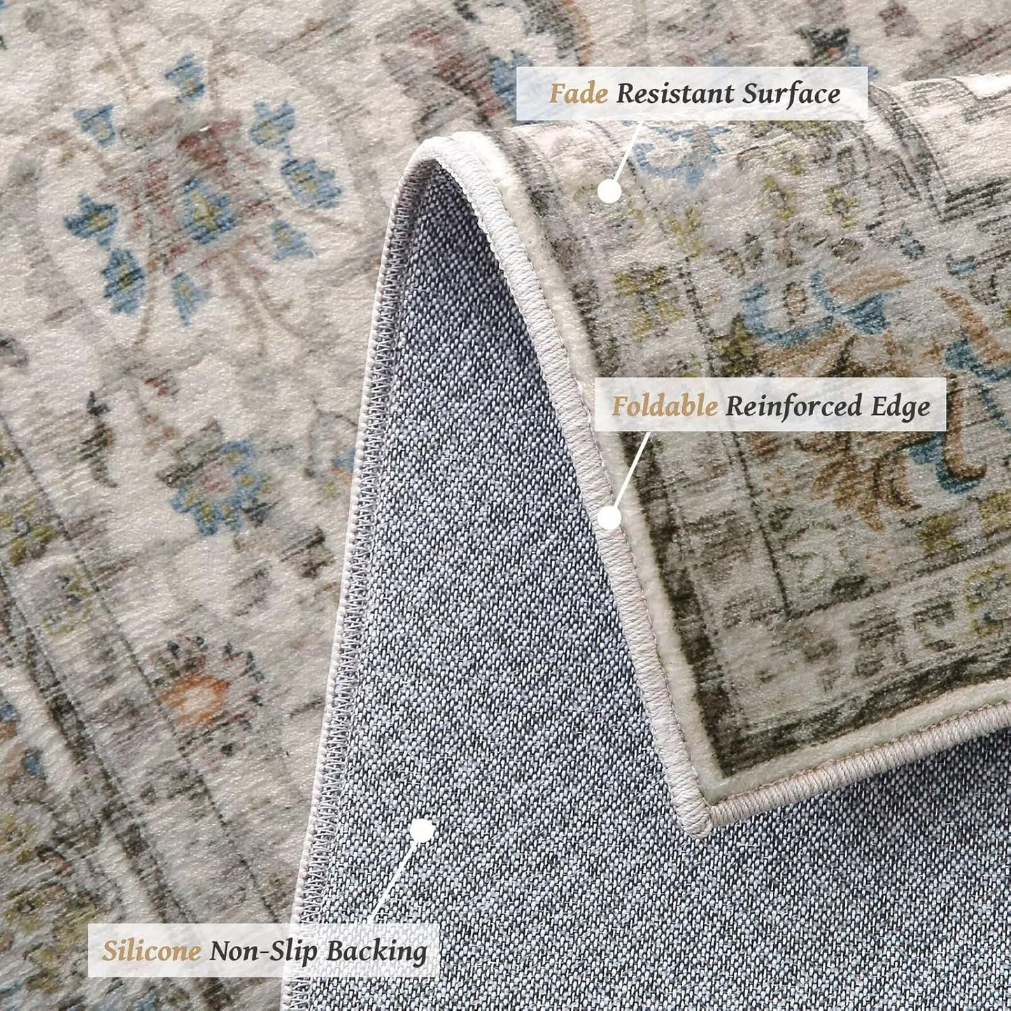 Washable 6x9 Area Rugs for Living Room, Boho Non-Slip Silicone Backing Large Rugs for Bedroom Dining Room Nursery Office, 0.3" Neutral Oriental Throw Carpet with 0.16" Cushioning Pad, Cream/Multi