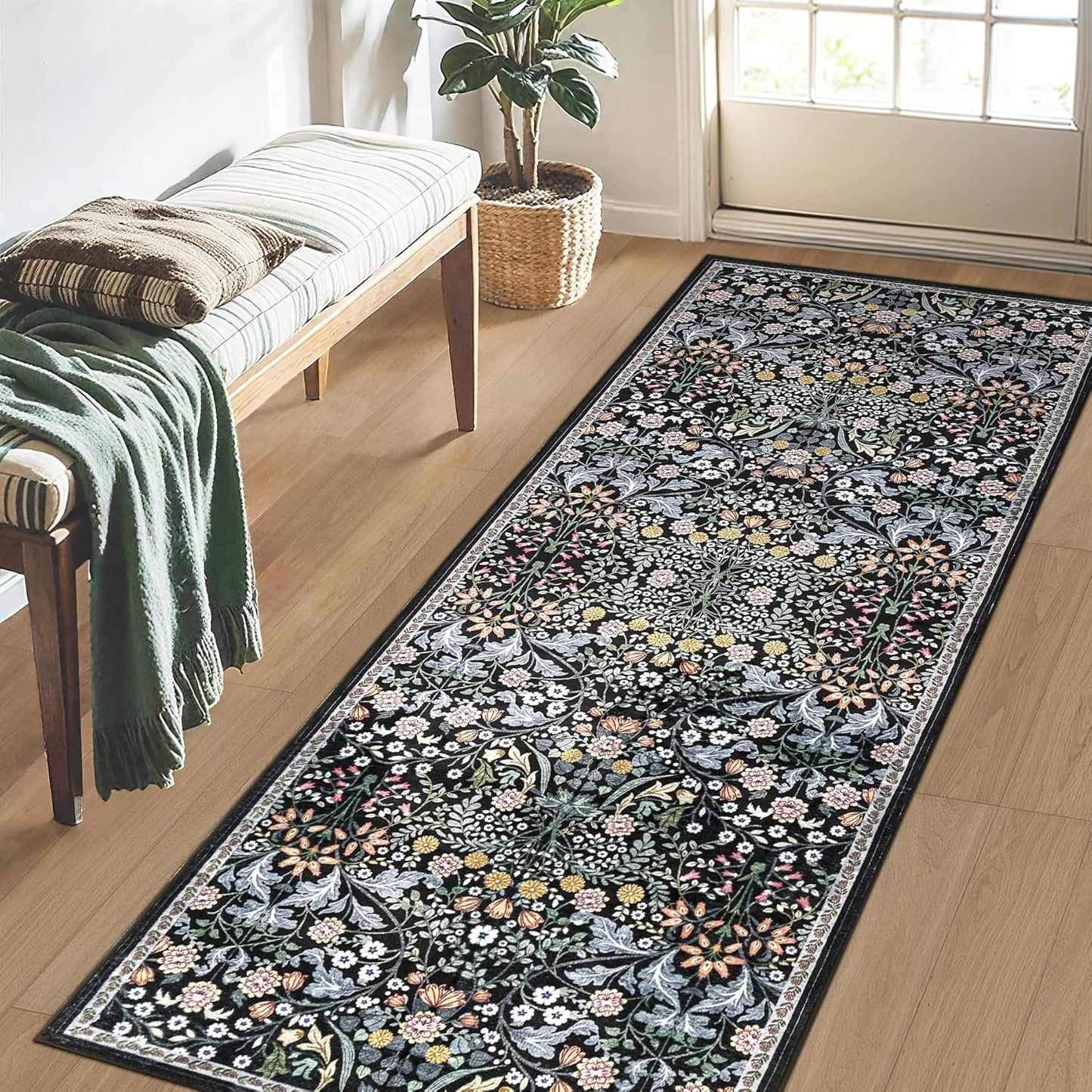 Runner Rug for Entryway: 2.6x8 Kitchen Rugs Non Slip Washable Ultra-Thin Soft Floral Carpet Indoor Stain Resistant Carpets for Hallway Bedroom Kitchen Laundry Bathroom Dorm Dark Black