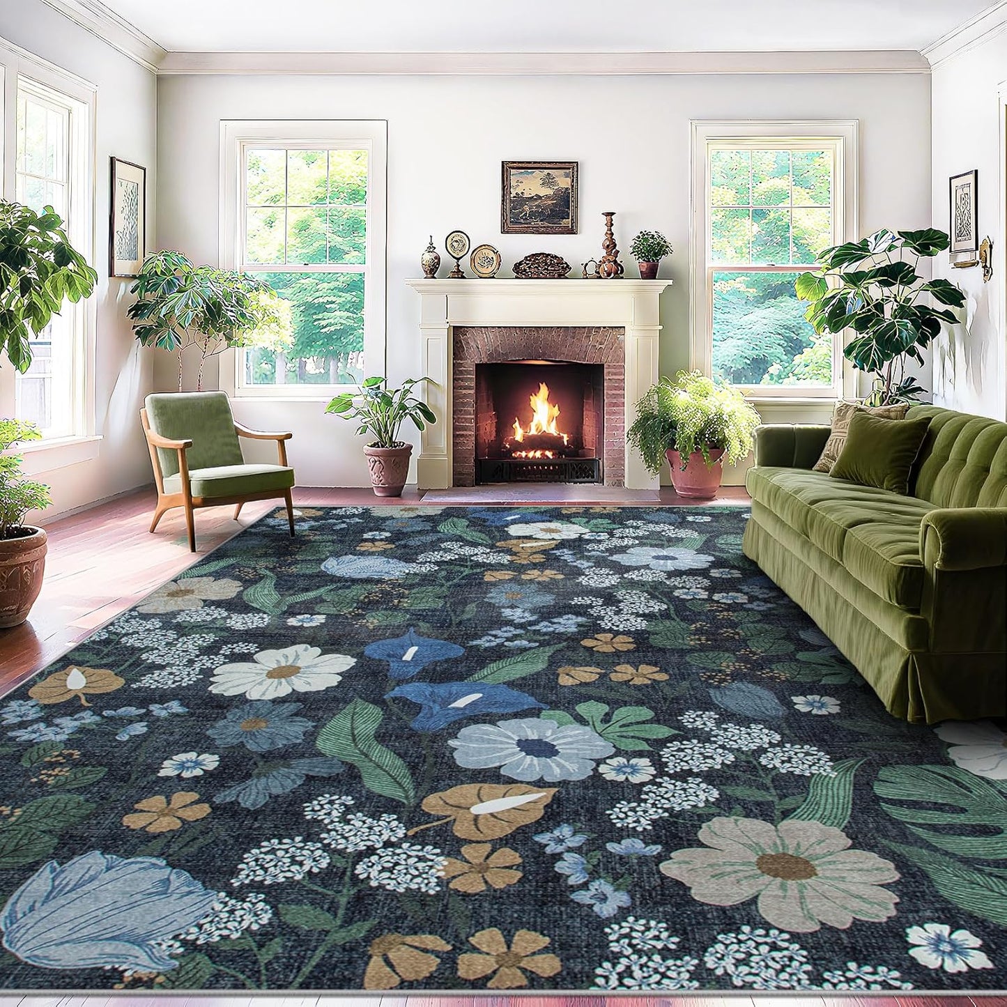 9x12 Area Rug for Living Room: Vintage Floral Washable Rug Soft Boho Non Slip Carpet Large Indoor Floor Non Shedding Low Pile Thin Carpets for Bedroom Dining Room Farmhouse Nursery Home Office Blue