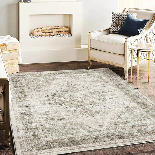 Washable Area Rug 4'x6' Floral Khaki Traditional Floor Cover Foldable Thin Rugs Retro Kitchen Indoor Distressed Non Slip Carpet Floral Print Mat Bedroom Living Room