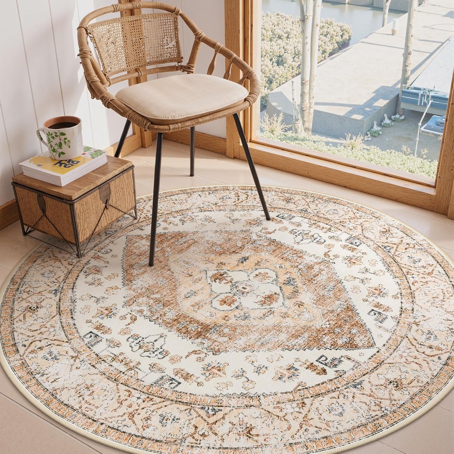 Lahome Boho Circle Rug - 6Ft Washable Round Area Rugs for Living Room Non-Slip Throw Dining Room Rug Large Round Carpet, Oriental Distressed Print Circular Mat for Office Classroom Bedroom Sofa